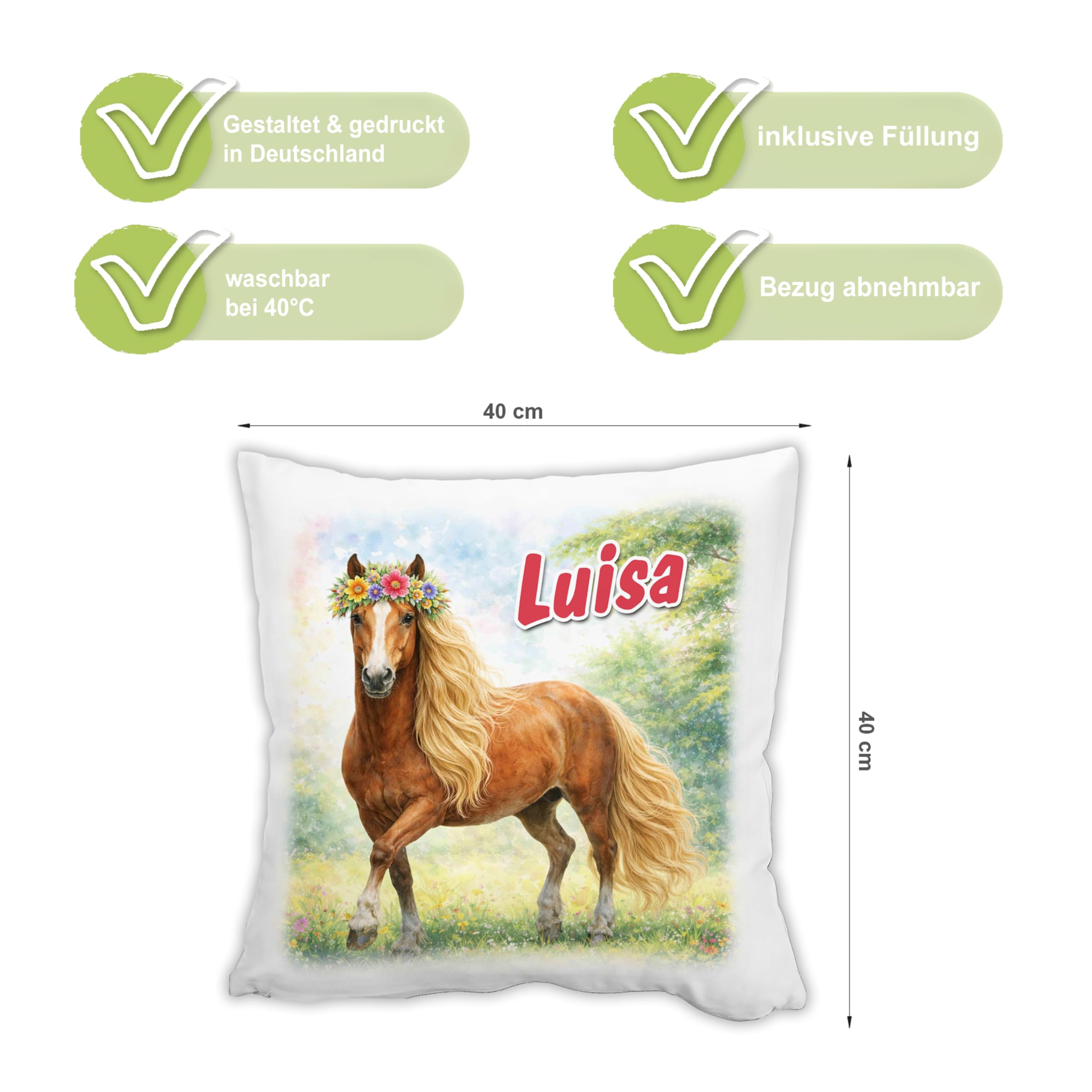 Kissen mit Name personalisiert, Geschenkidee für Kinder & Erwachsene, Namenskissen, Kissen für Paare, Geschenk zum Geburtstag, Weihnachten, Ostern (Pferd)