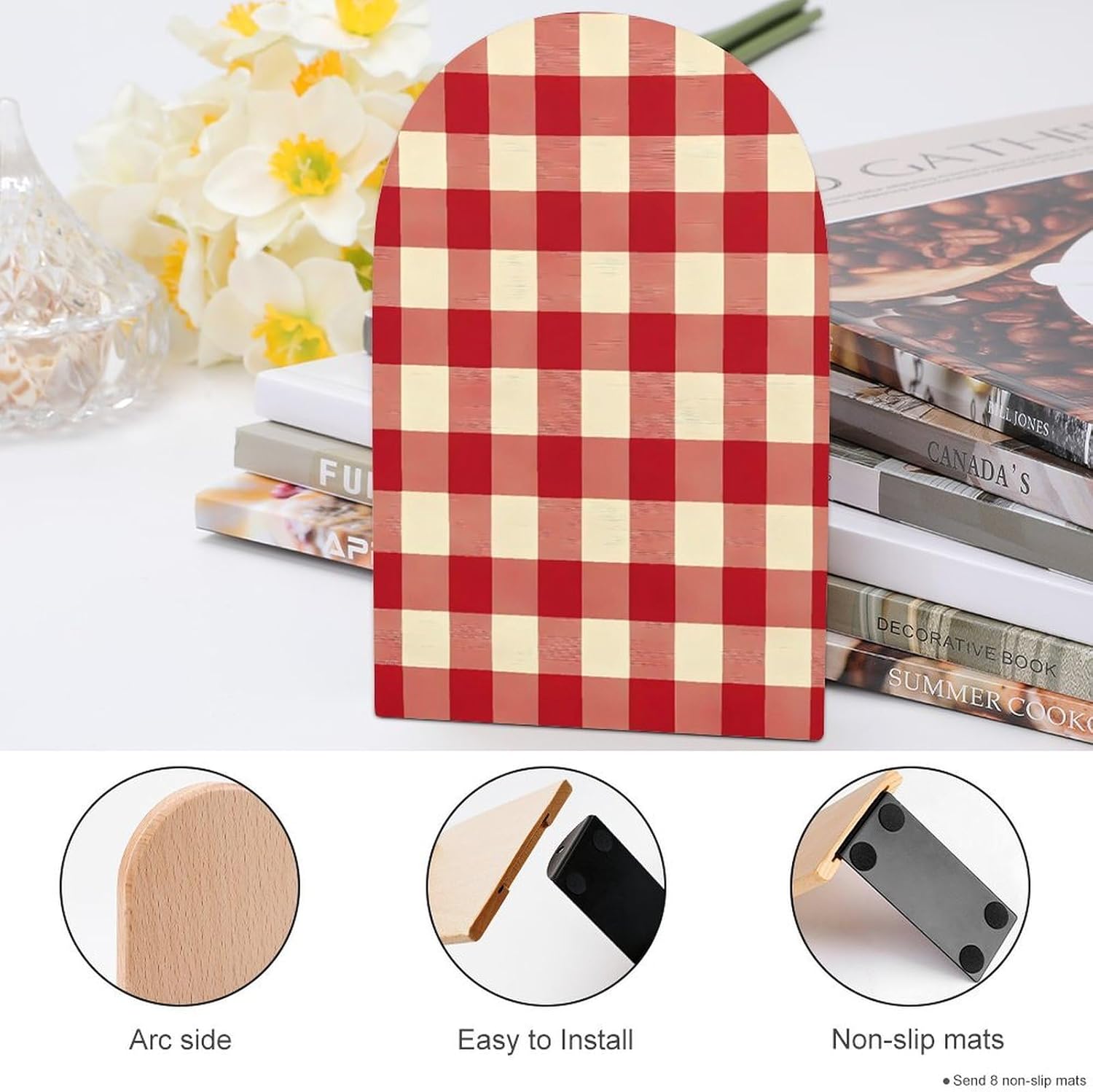 Red Checkered Cute Wood Book Ends Decorative Bookends 1 Pair Non-Skid for Shelves Home Office 7 X 5 Inch