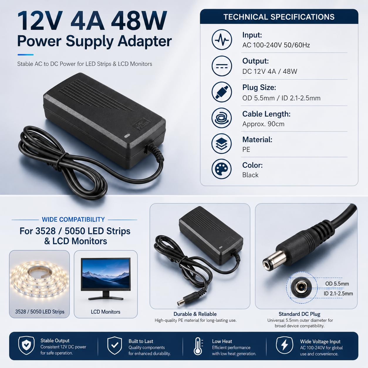 Alimentatore 12V 4A 48W Per Monitor LCD – Universale, Con Cavo Di Rete