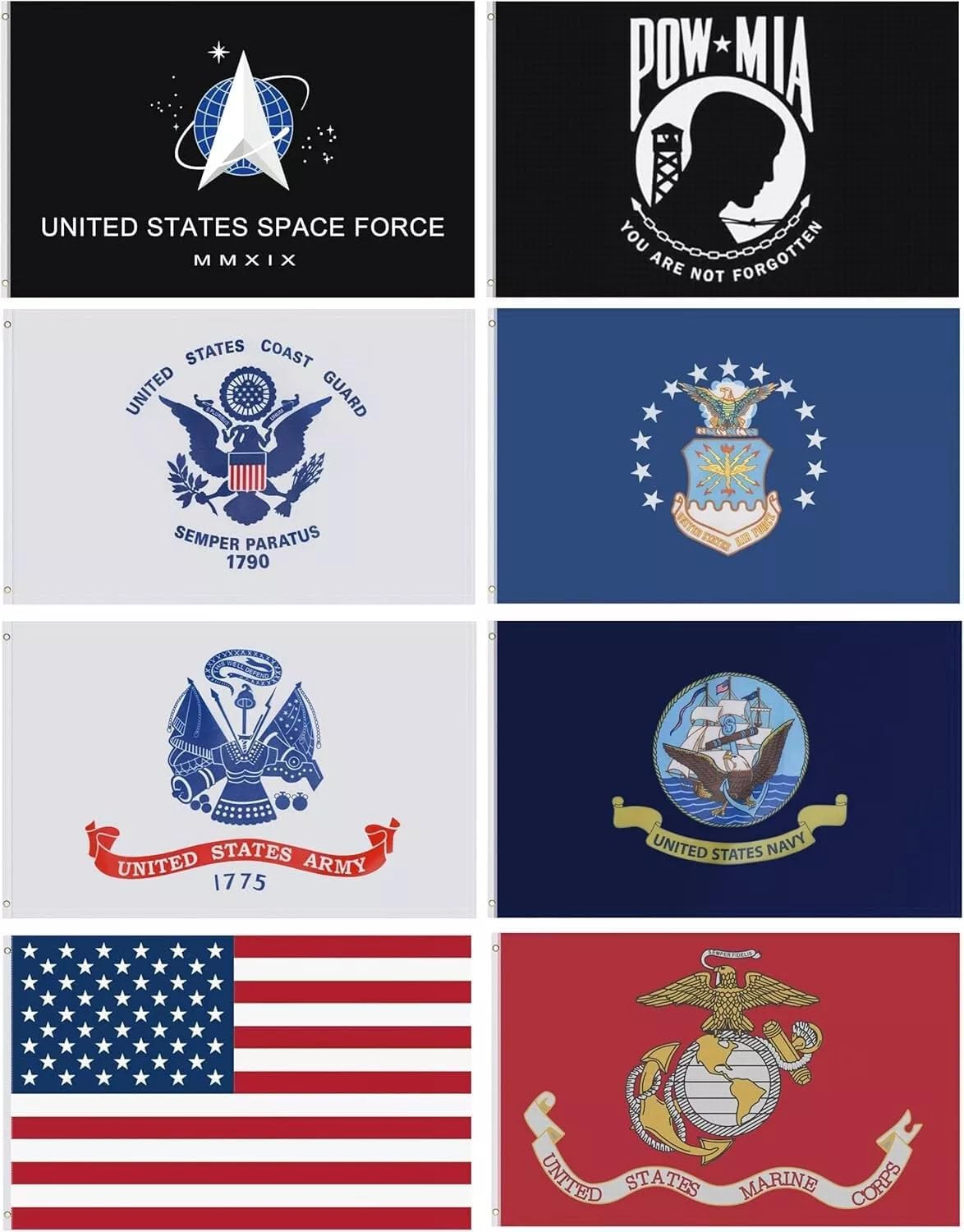 USA & United States Military 8 Flag Set 3'x5' 100D POLYESTER OFFICIALLY LICENSED