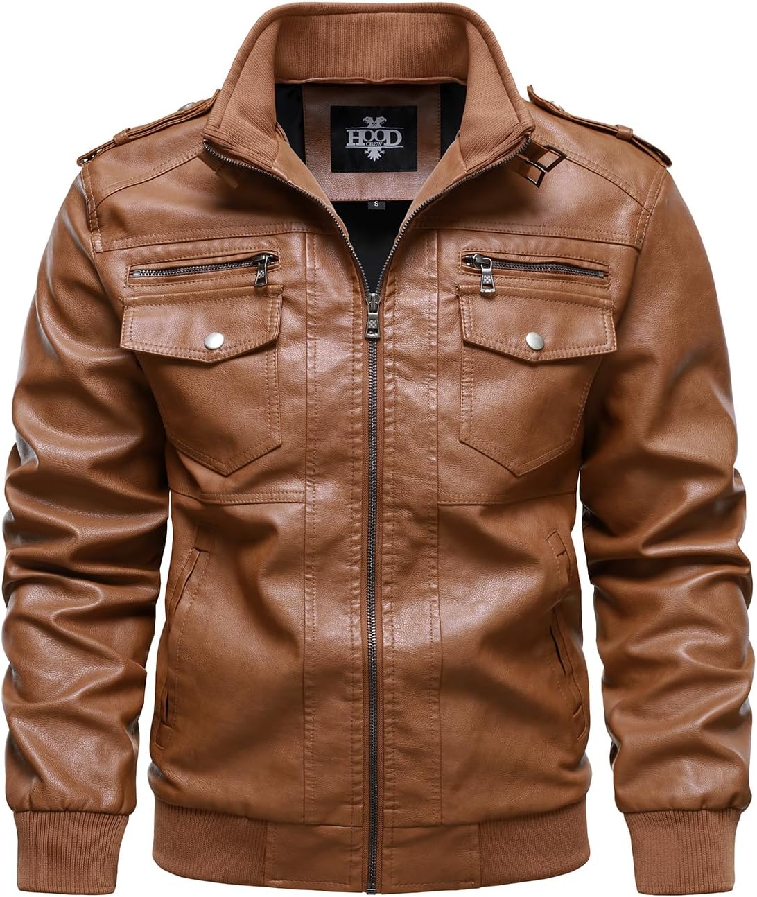HOOD CREW Men's Faux Leather Hooded Jacket Motorcycle Jackets Water Repellent Windproof PU Moto Vintage Bomber Hoodie Coats