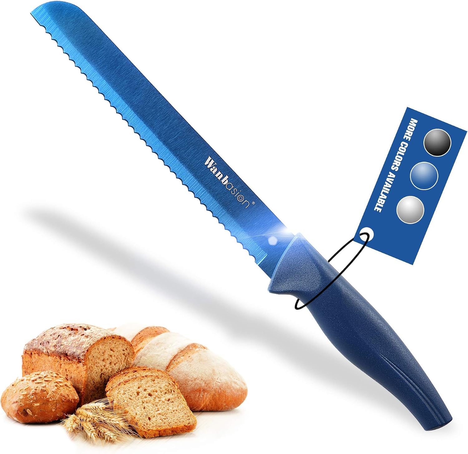 Wanbasion Blue Serrated Bread Knife 8 Inch, Bread Knife Serrated with Sheath, Stainless Steel Bread Knife for Homemade Bread