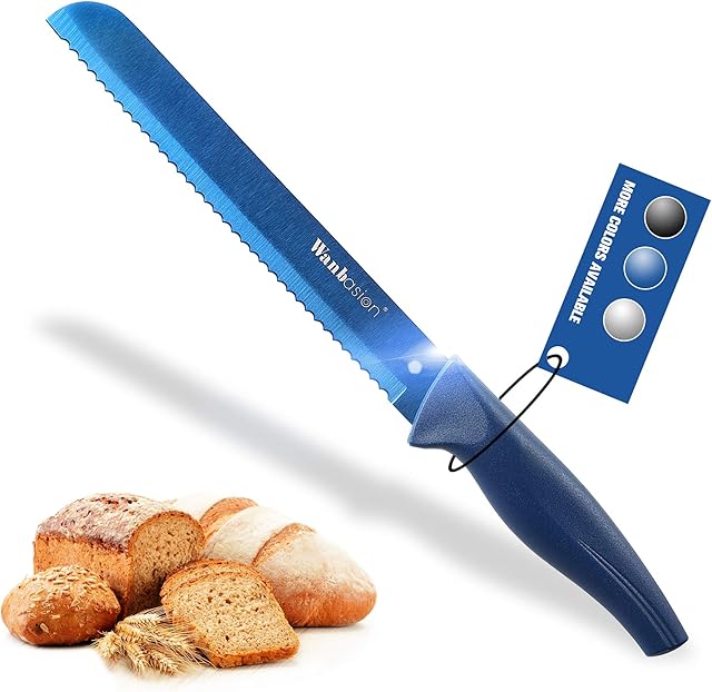 Wanbasion Blue Professional Bread Knife for Homemade Bread with Sheath 20cm, Kitchen Bread Knife Dishwasher Safe, Bread Knife Good Grips with Cover Fine Serrated Edge