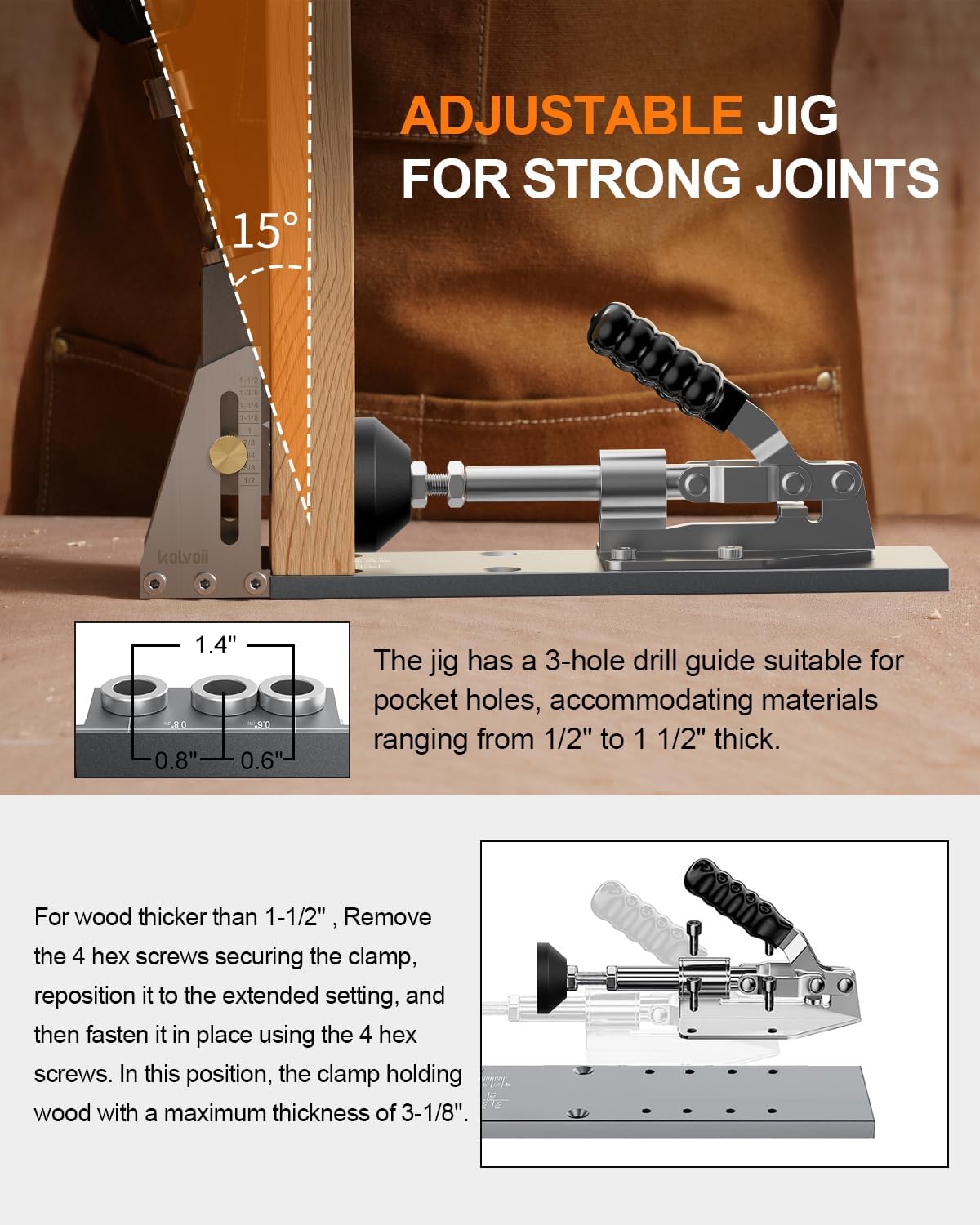 Kolvoii Pocket Hole Jig, Professional Adjustable Pocket Screw Jig for Strong Joints, Versatile Drill Guide Jig for Materials 1/2" to 3 1/8" Thickness with Storage Case - Image 2