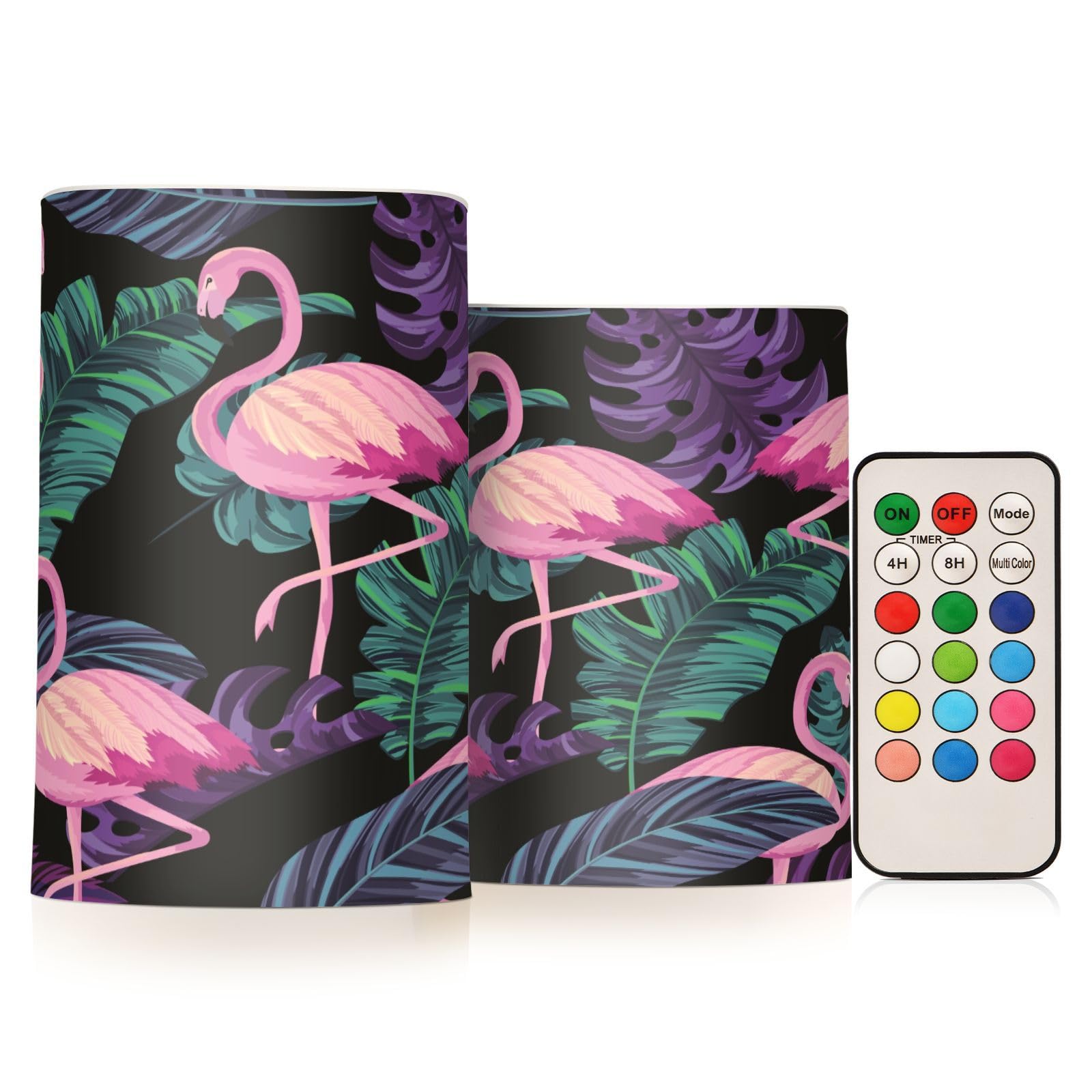 Exotic-Flamingos-Tropical-Print Flameless Pillar Plastic Led Candles, Battery Operated with Remote/Timer Color Changing Soft Light, Set of 2 for Festival, Wedding,Home Party Decor