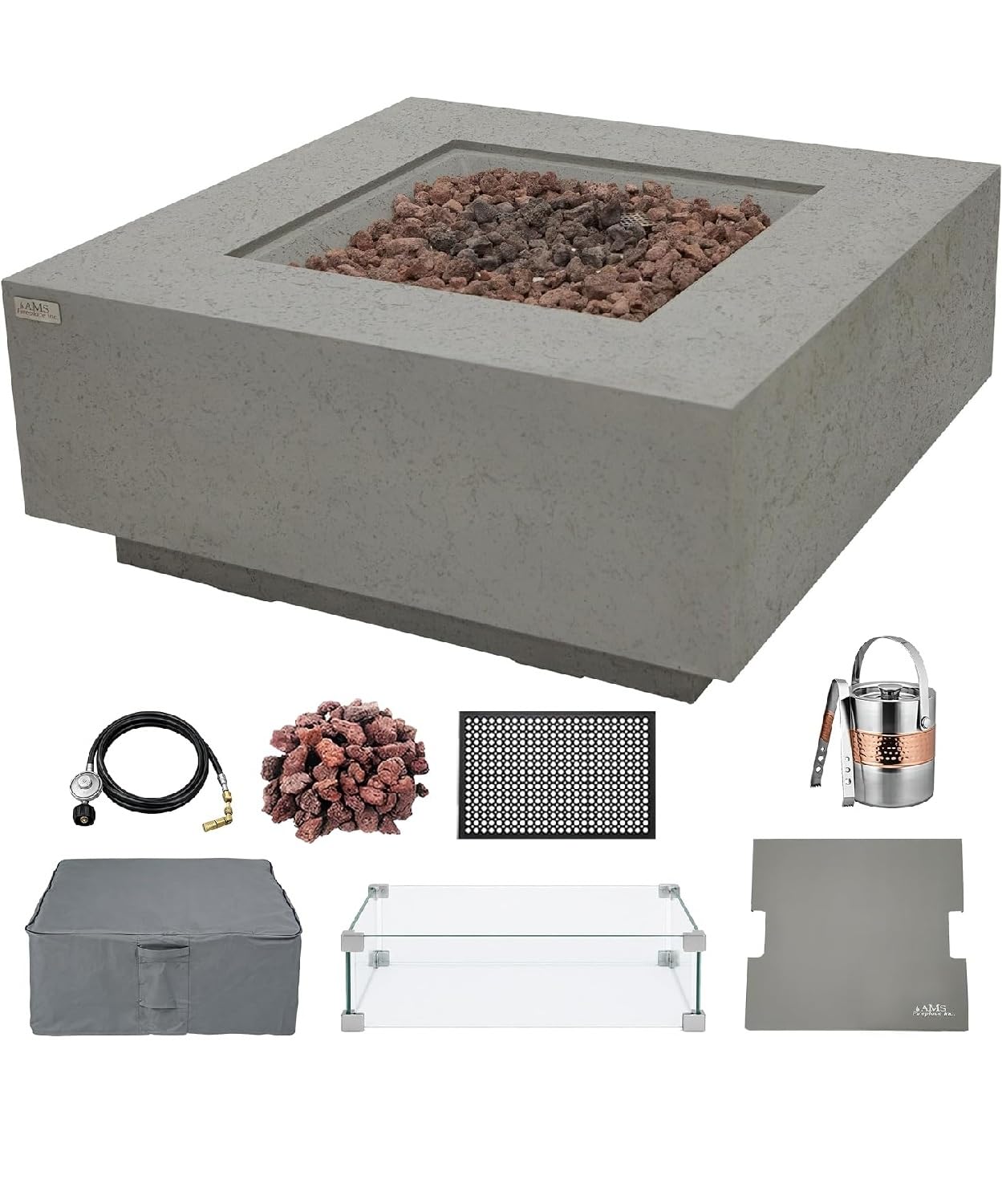 AMS 40" Square Concrete GFRC Natural Gas Fire Pit Table Bundle - Light Gray