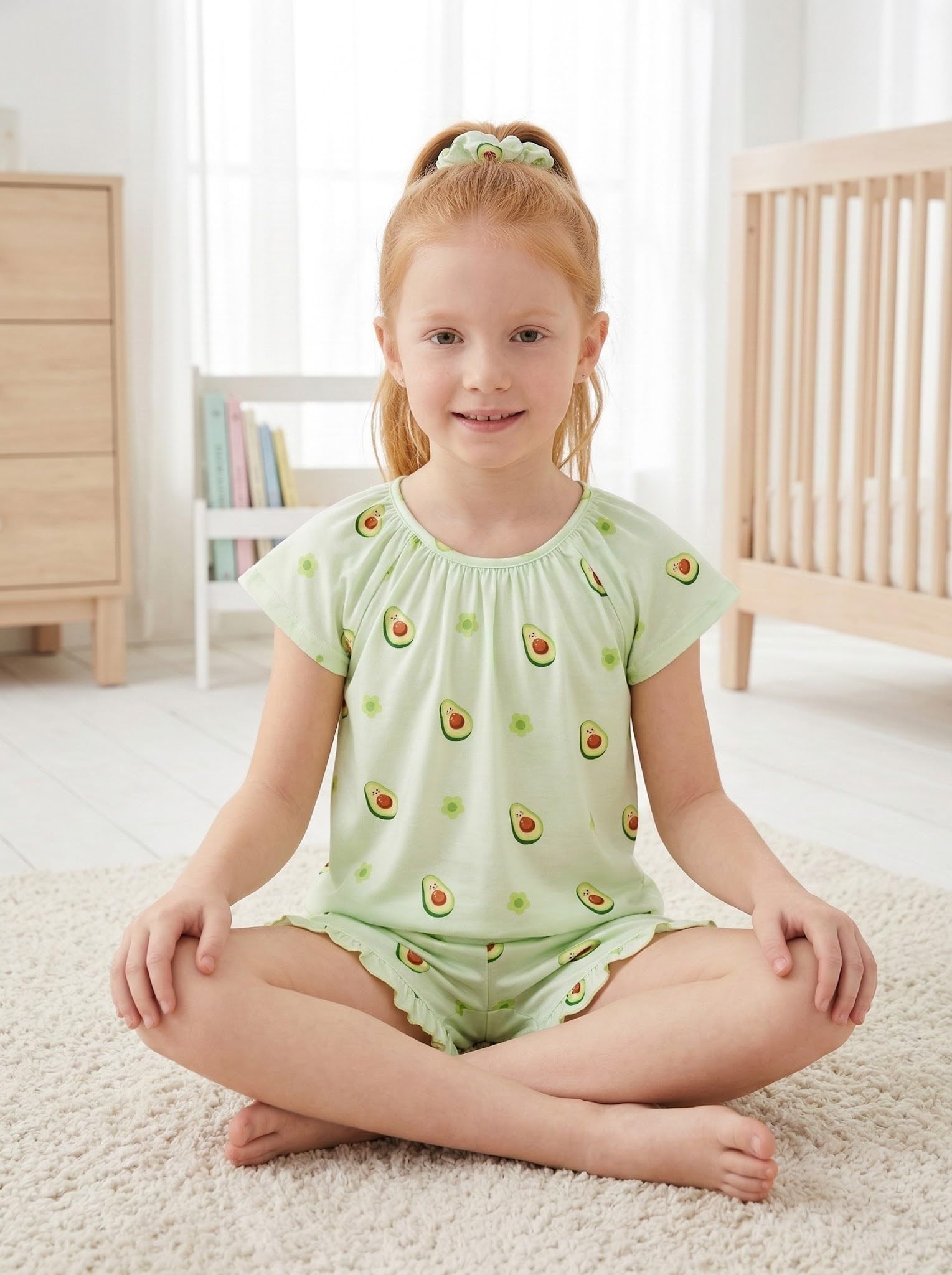 JiAmy Pigiama estivo da bambina, 3 pezzi, top a maniche corte e pantaloncini con volant con elastico carino stampato per bambini, set da notte per bambini dai 4 ai 14 anni