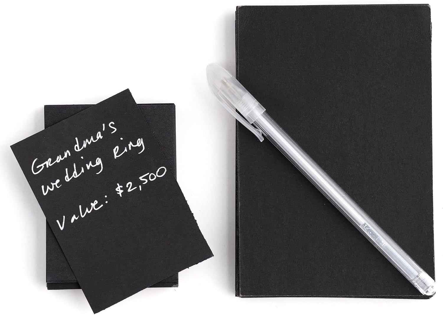 Hibana: Notecards & Pen - 50 Small & 45 Large Black Notecards, Silver Ink Pen, Fits Jewelry Storage Pocket Pages, Document Origin & Value