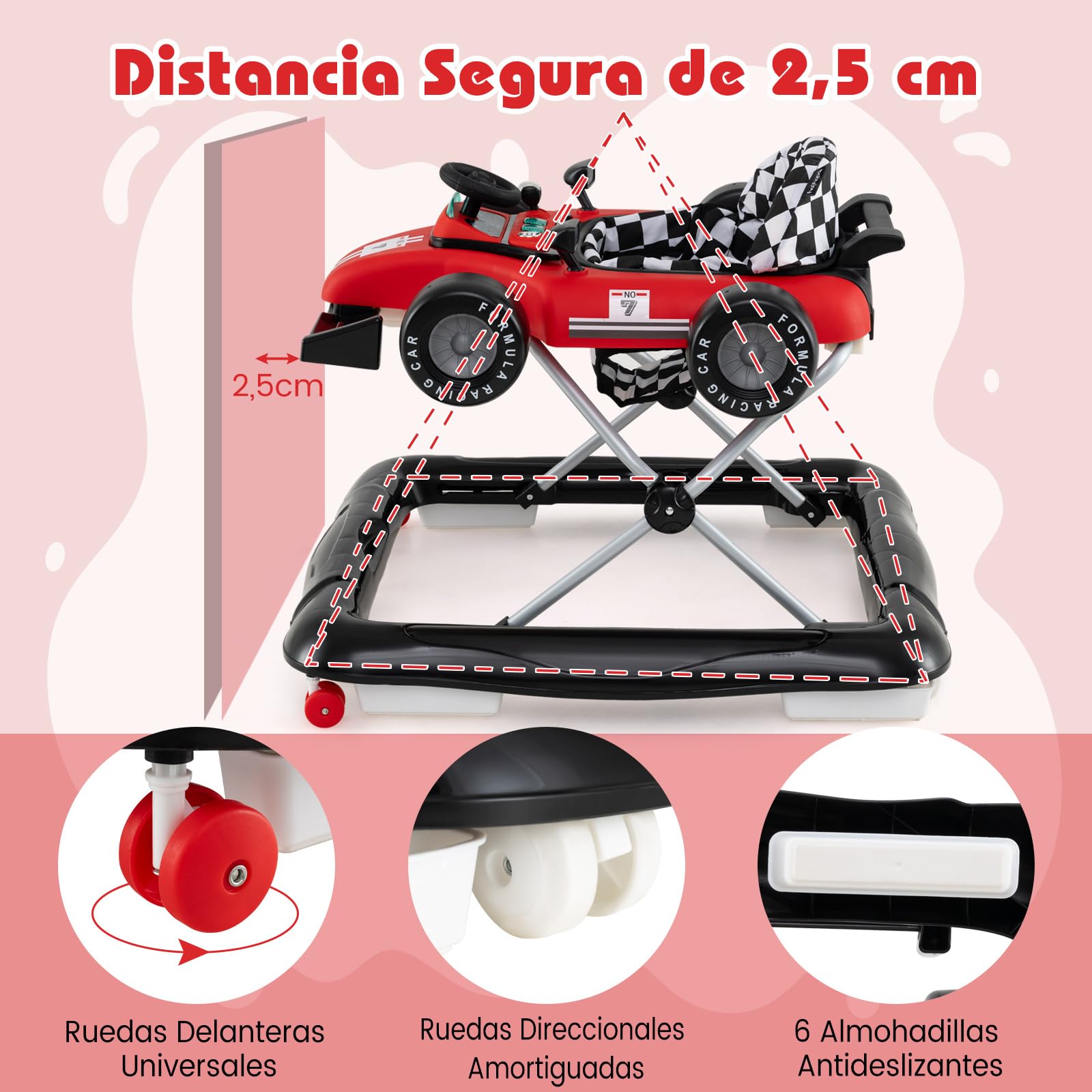 COSTWAY 4 en 1 Andador Bebes, Tacata Bebe Plegable con 3 Alturas Ajustables, Volante con Asiento Acolchado y Caja de Música, Diseño Antivuelco, Caminador para Bebe de 6-18 Meses (Rojo)