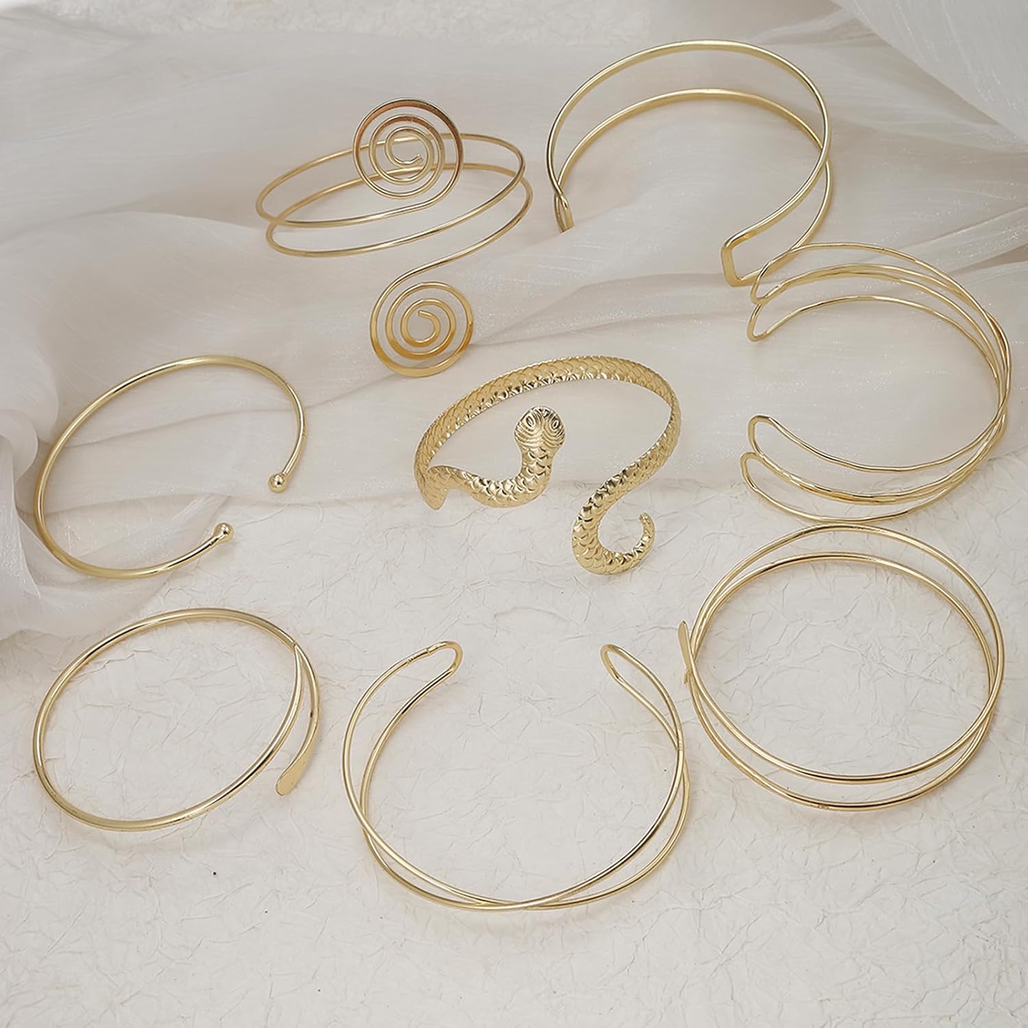 YVVLEE 8PCS Gold Silver Arm Cuff Jewelry for Women Arm Layered Cuff Gold Bangles Adjustable Coil Swirl Armlet ArmBand Stackable Jewelry Minimalist Coil Arm Armband Set - Image 6