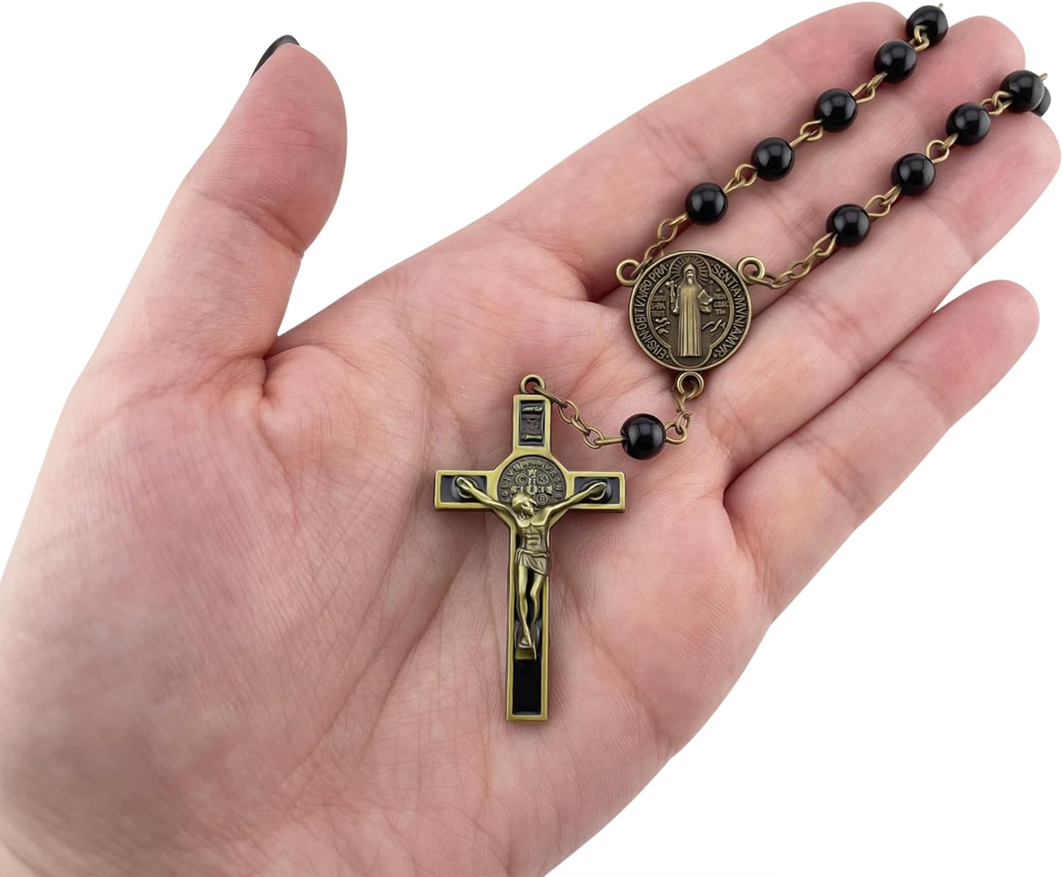 Catholic One Decade Car Rosary for Rear-View Mirror Bronze Auto Rosary Black Glass Beads St Benedict Centerpiece Religious Gift Car Truck Travel Protection - Image 4