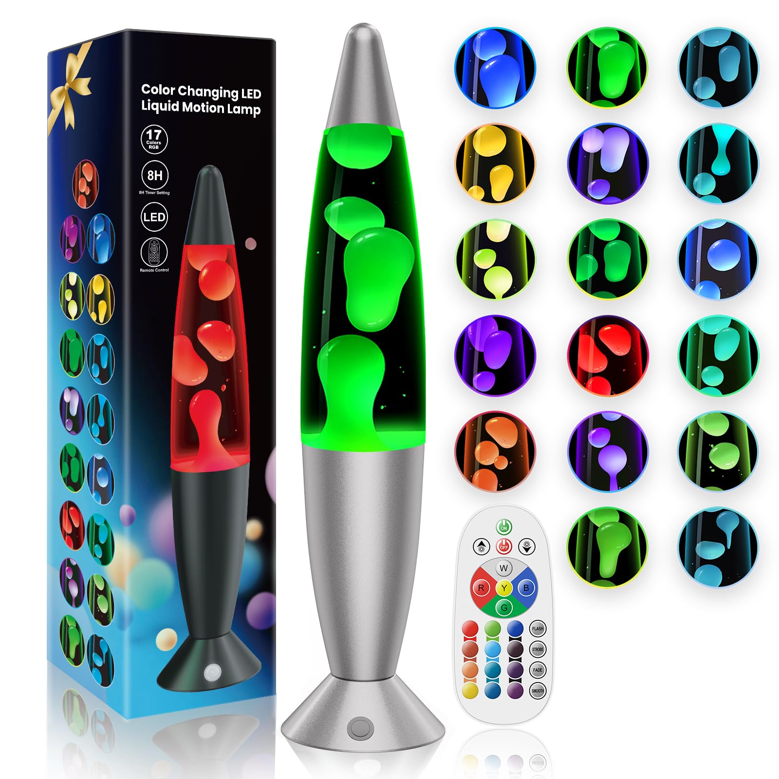 LED Liquid Motion Lamps 17 Colors Color Changing Table Lamp for Kids Adults Bedroom Decor, 13.5 Inch Small Silver Blue Green Pink Relax Night Light Sensory Mood Nightlight with 8H Timing