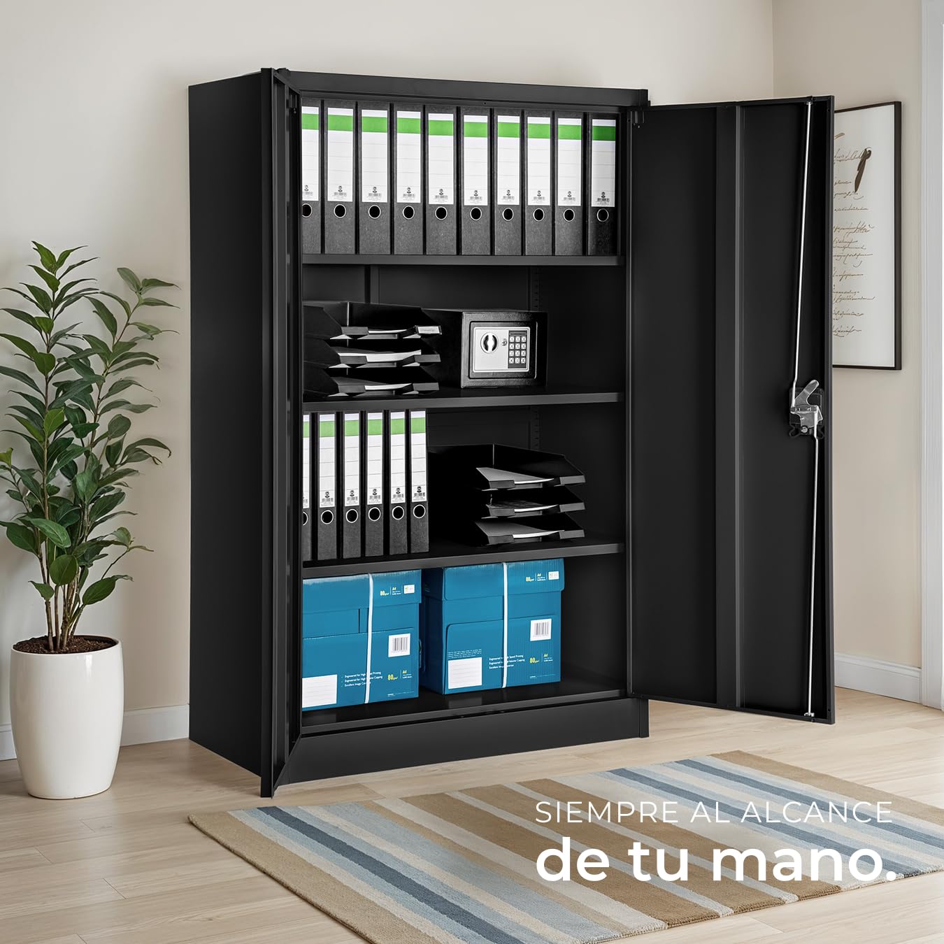 tectake® Armario Archivador, Cierre De Seguridad, 4 Alturas, Cajones Ajustables, Mueble Oficina, Acero, Puertas Reforzadas, Limpieza Sencilla, Candado De Seguridad - 140x40x90cm Negro