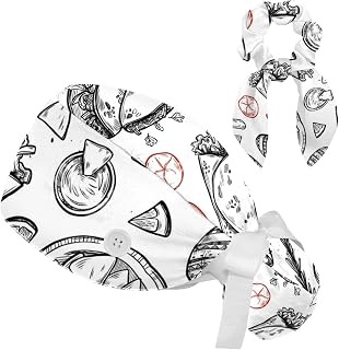 FVQL 2 Pieces Surgical Cap for Long Hair Scrub Cap with Hairband Nurse Cap, Hand Drawn Mexican Style Pattern Food