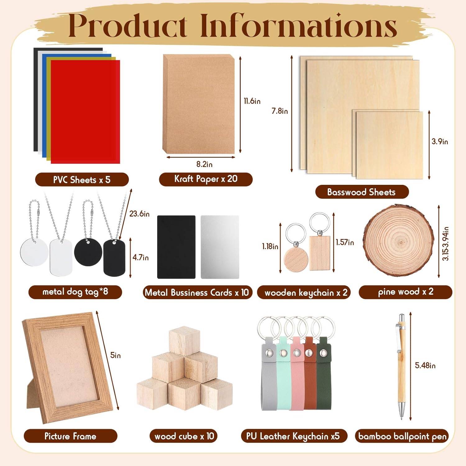 Tondiamo 76 Pcs Laser Material Explore Kit for Laser Engraving Materials Accessories Including Wood, Metal, PU Leather, PVC Materials for Laser Engraver Crafting Supplies