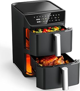 Mirtan 12.6QT Dual Basket Air Fryer for 10-12 People, SyncFinish Tech, Fits 6LB Chicken, 10-in-1 Compact DoubleStack, Dishwasher Safe Black