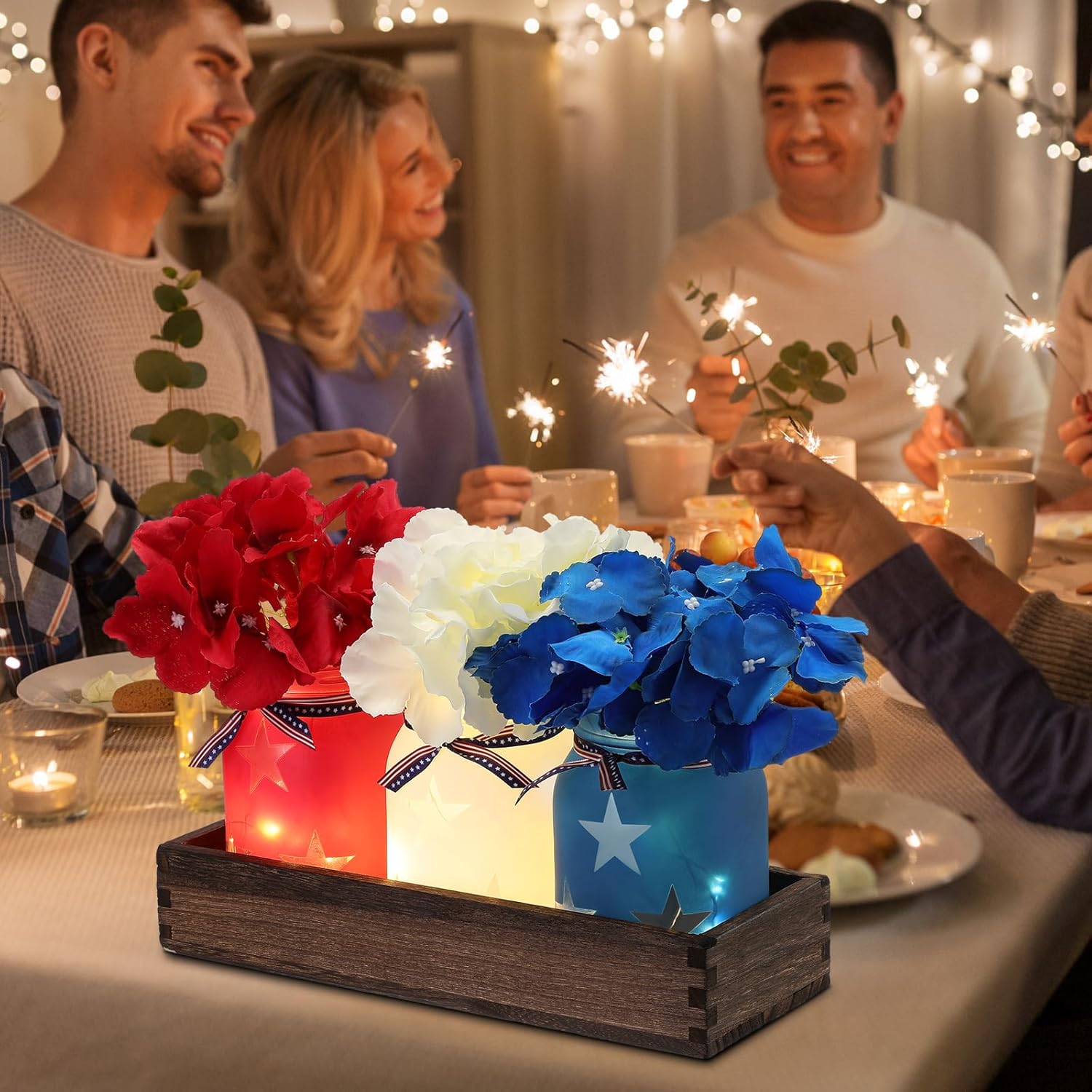 Domensi 4th of July Patriotic Table Decoration Set Rustic Wood Tray with 3 Pcs Mason Jar Centerpieces with String Lights 3 Pcs Artificial Colorful Flower for Independence Day Centerpiece Labor Day