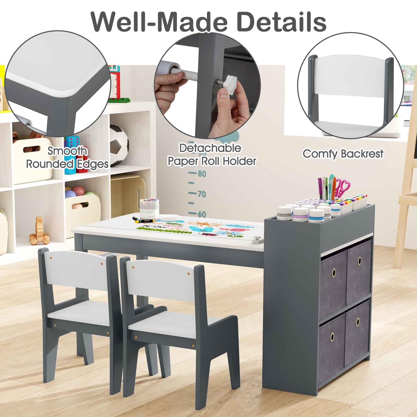 LIFEZEAL Ensemble Table Enfant avec 2 Chaises, Bureau avec 4 Paniers de Rangement, 4 Compartiments, Table à Dessin avec Rouleaux de Papier, Charge 60/50 kg, Garçon Fille 3+ Ans (Gris)