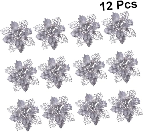 Miniatura 5 de ARTIBETTER 12 piezas de flores artificiales de Navidad, flores artificiales con purpurina de flores de pascua, flores falsas, palitos de flores,