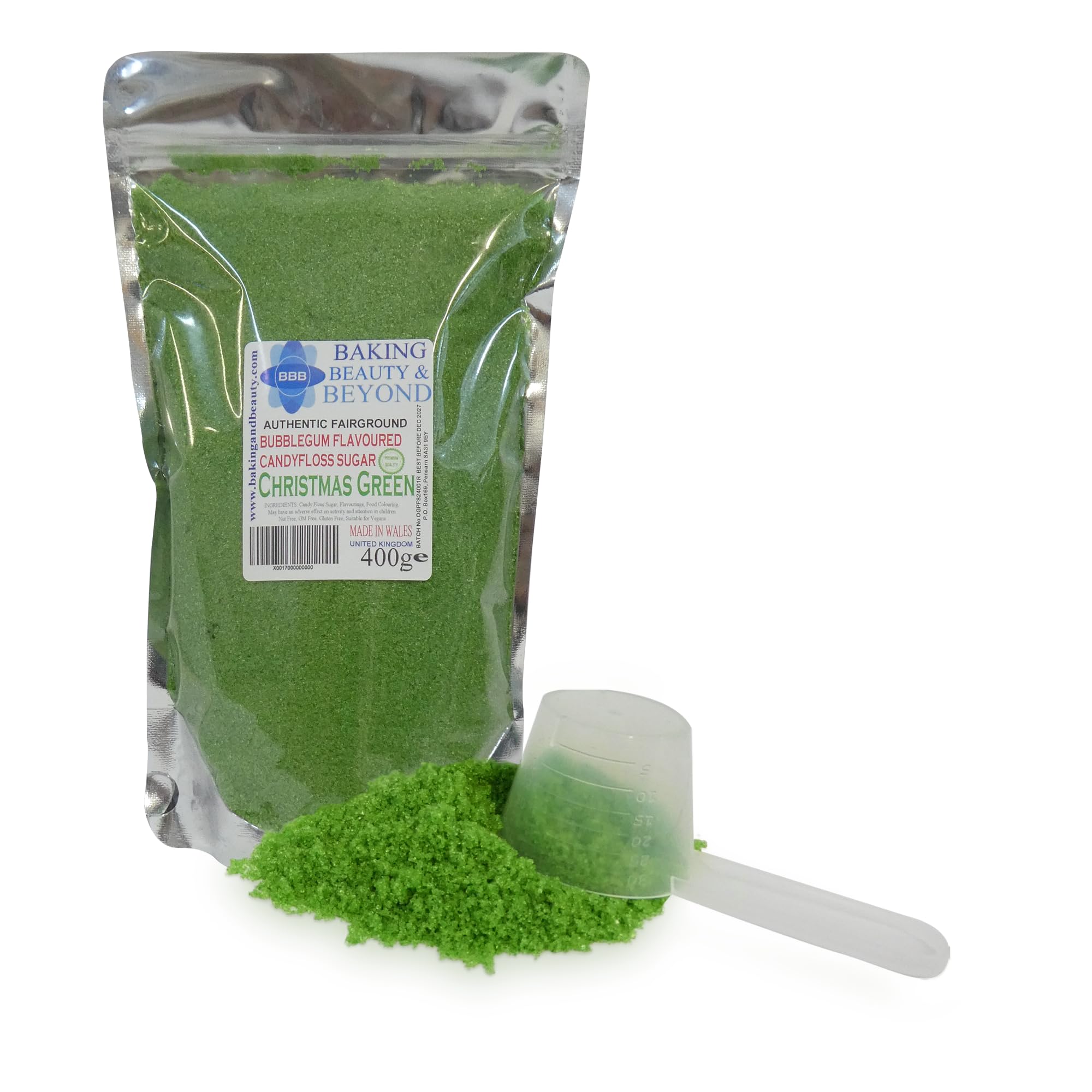 Baking Beauty and Beyond Premium Floss Sugar for Cotton Candy - Cotton Candy Flossing Sugar with Natural Ingredients, Ideal for Christmas and Every Occasion, 400g - Christmas Green Bubblegum Flavour