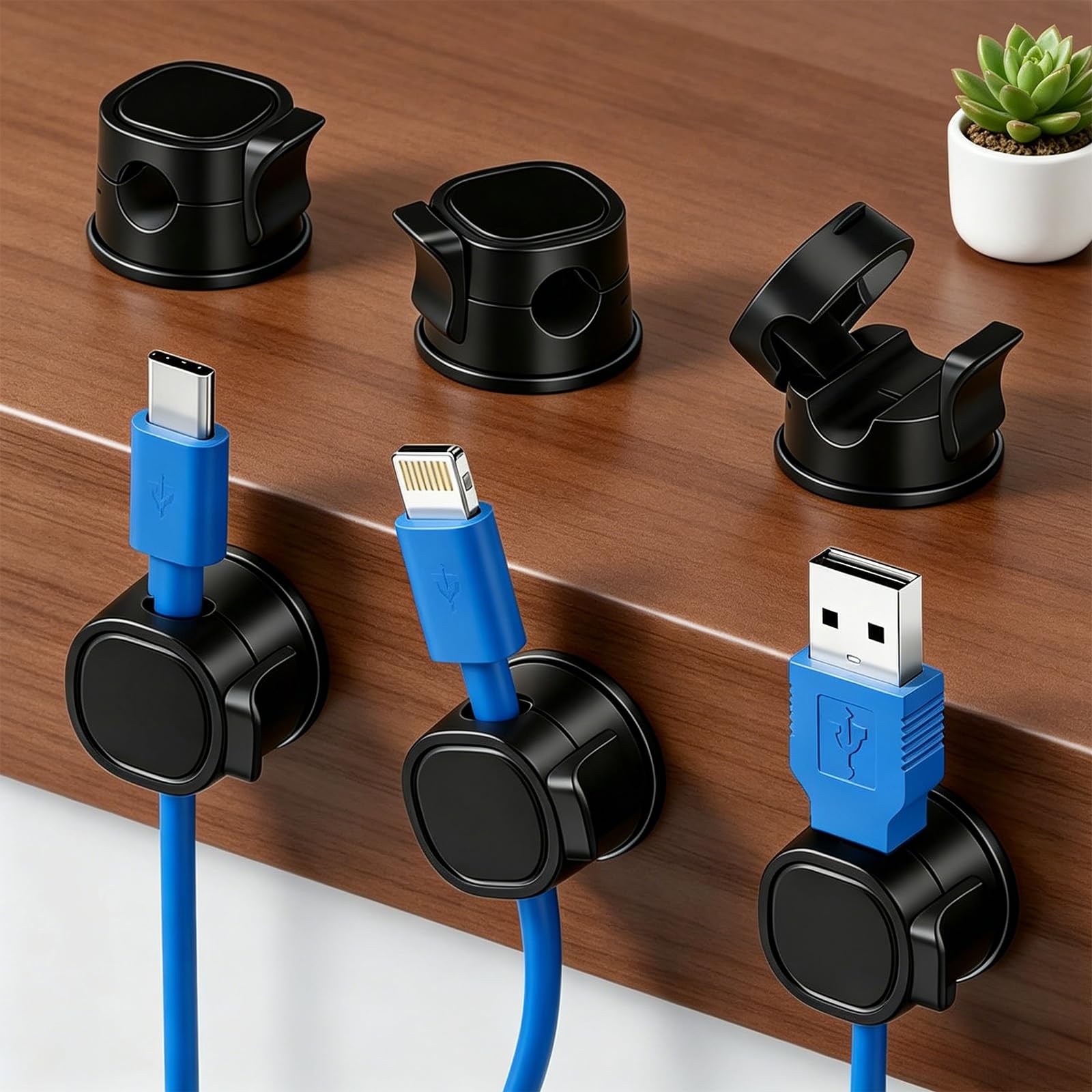 Rayakt 6 Pack 360° Rotatable Spring Cable Holder Clips, No-Residue Magnetic Cord Organiser, Desk Wire Keeper for Phone Charger, USB, HDMI, Car, Office, Nightstand, Home (Black)