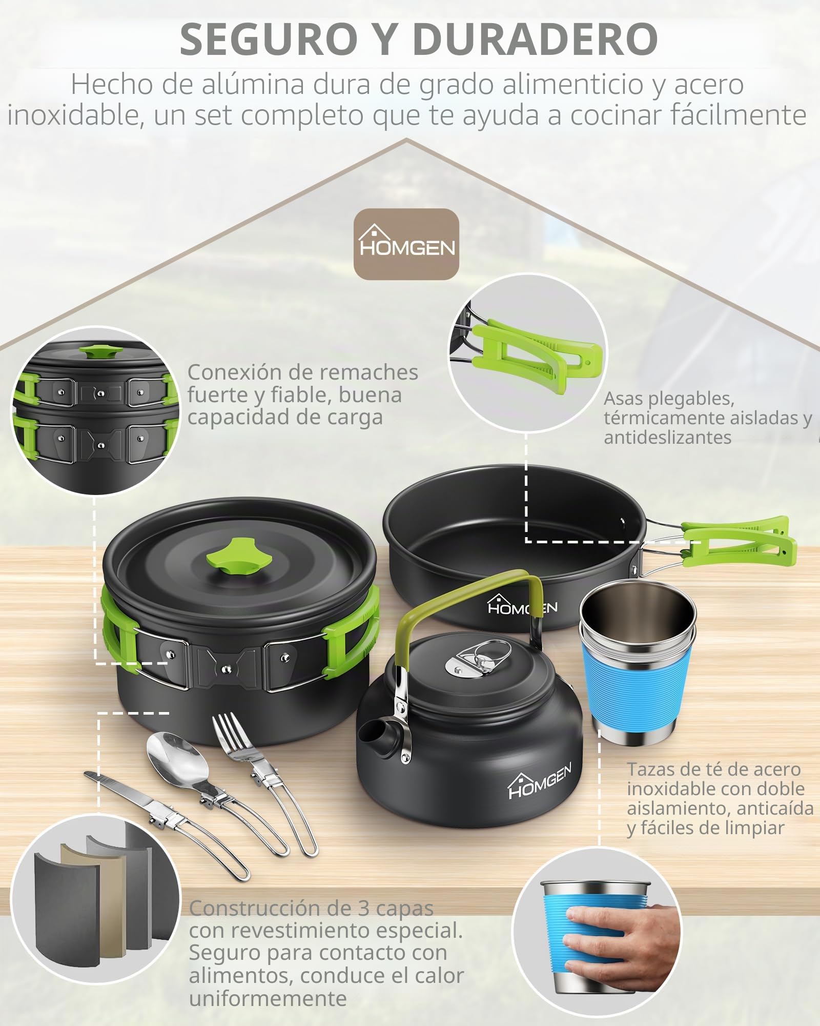HOMGEN Kit de Cocina Camping 1-2 Personas Menaje Camping con Tetera Verde | Batería de Cocina Camping con Olla Sartén Tetera Tazas Aisladas Cubiertos Mangos Plegables para Senderismo Trekking Picnic