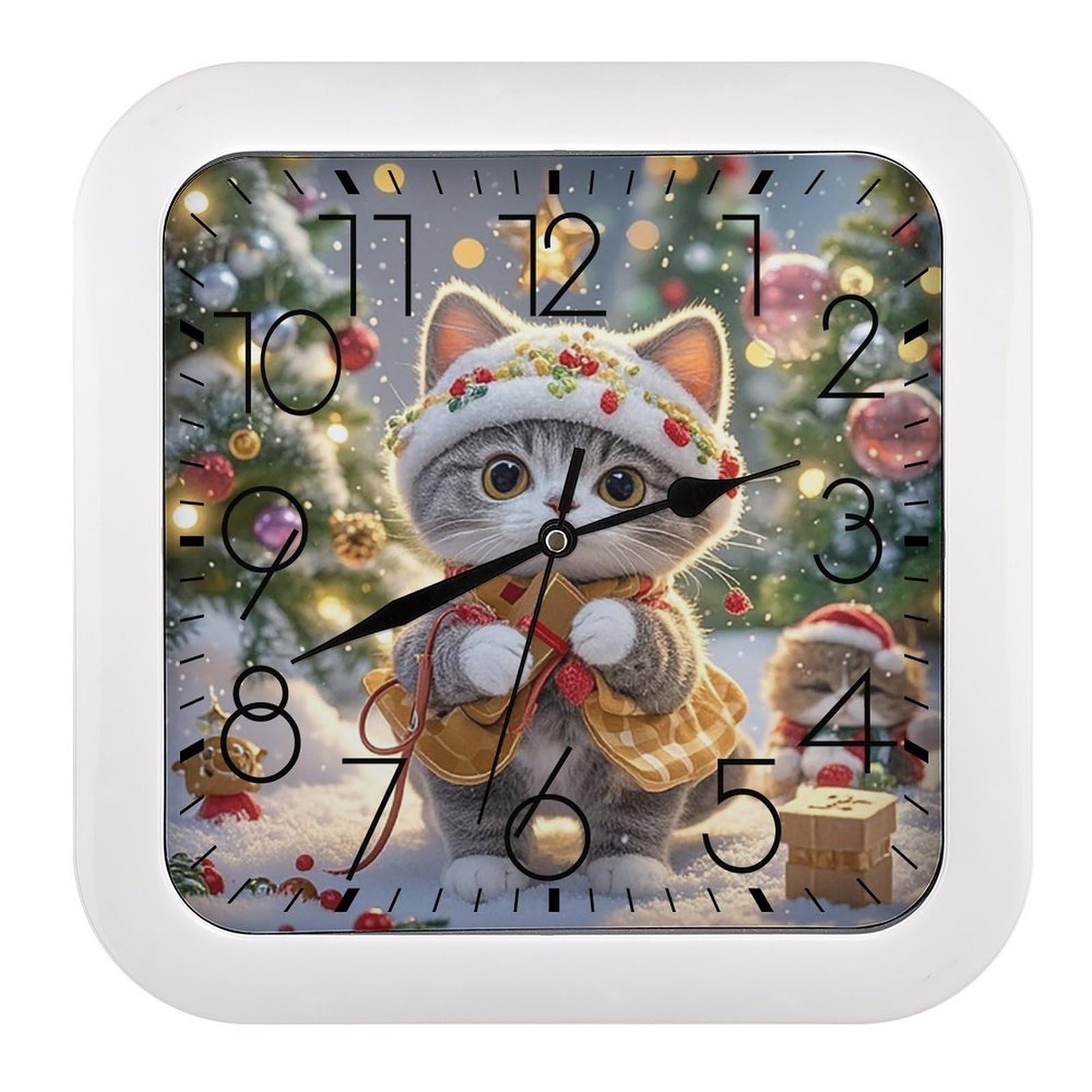Horloge murale silencieuse chat mignon de Noël carrée sans tic-tac pour chambre et bureau