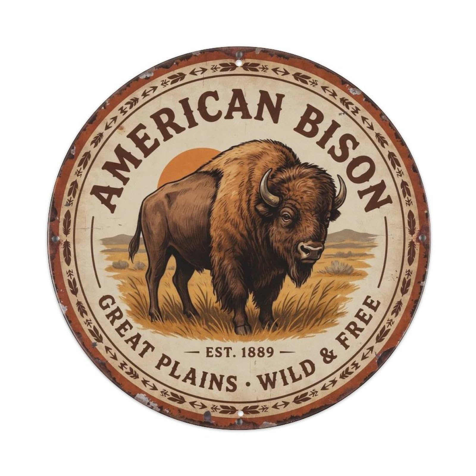 Round Prairie Buffalo Art Sign Metal Tin Sign Plaque