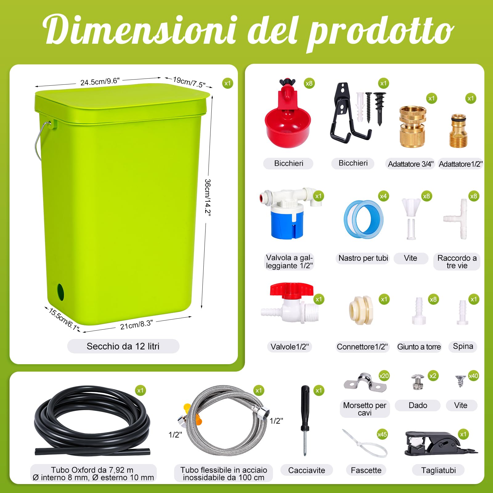 Set completo di abbeveratoio automatico per polli da 12 litri, con valvola galleggiante, dispenser di acqua per pollame con ciotole, abbeveratoio per polli, anatre, oche e quaglie