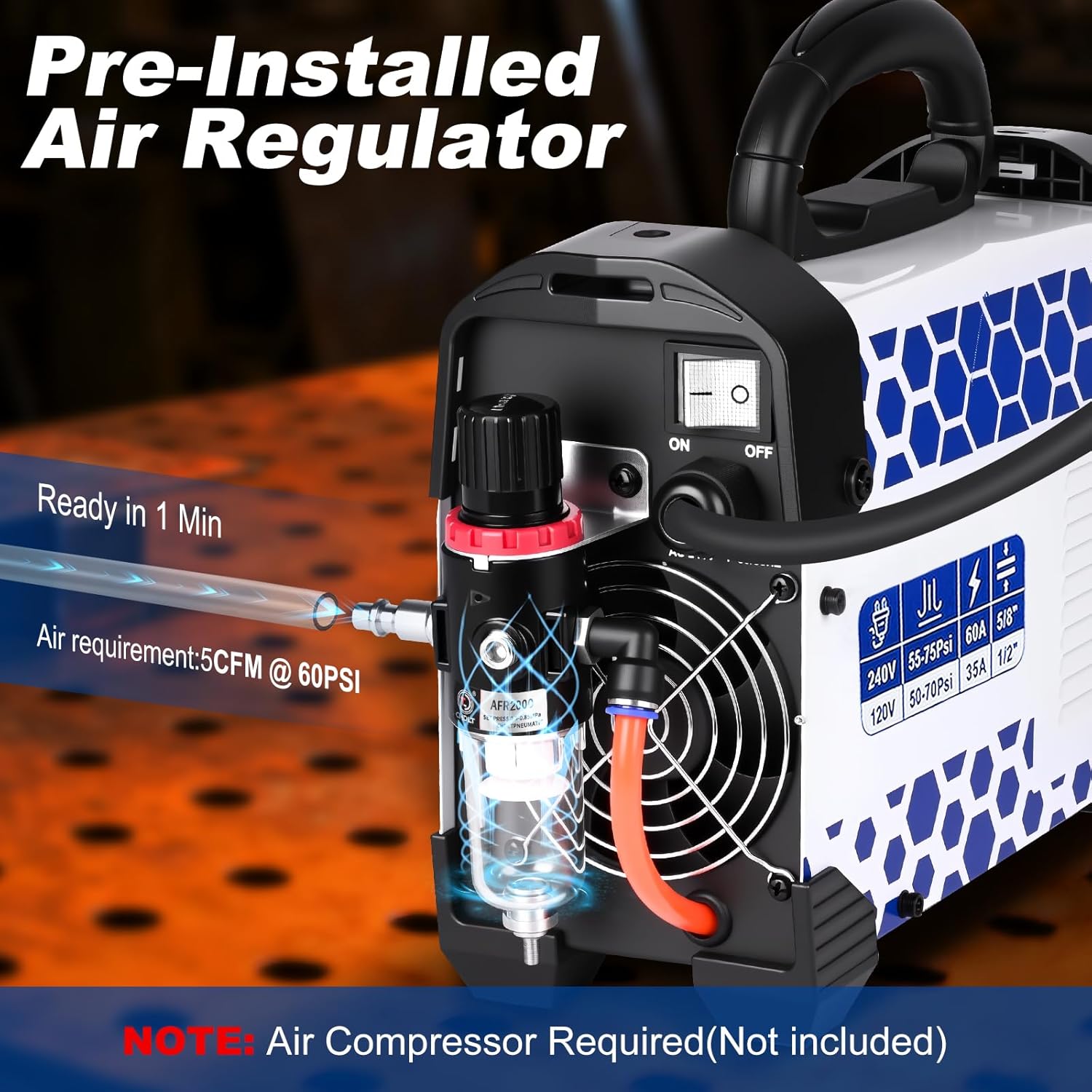 Pre-Installed Air Regulator on the Reboot Plasma Cutter, showing air requirement of 5CFM @ 60PSI.