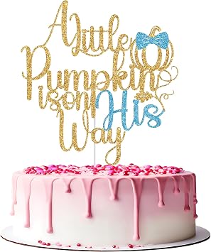 A Little Pumpkin is on His Way Cake Topper, Little Pumpkin Baby Shower Decorations Boy, Fall Halloween Pumpkin Baby Shower Birthday Party Decorations, Gold and Blue Glitter