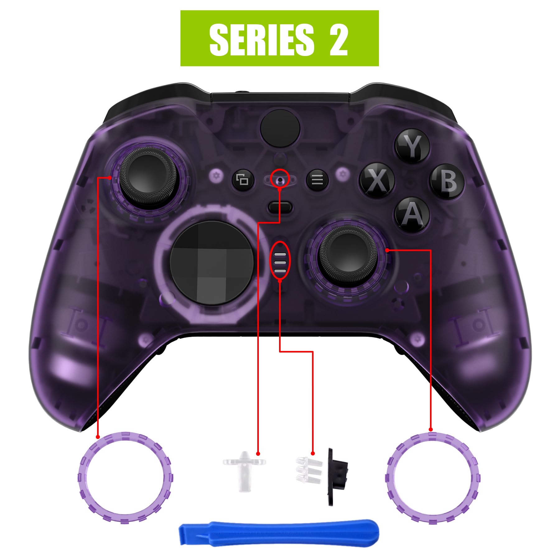 eXtremeRate Cover Frontale per Xbox Elite Series 2 Controller Model 1797,Custodia Scocca Ricambio per Xbox Elite Series 2 Core Joystick con 2 Anelli,Senza Controller-Trasparente Viola
