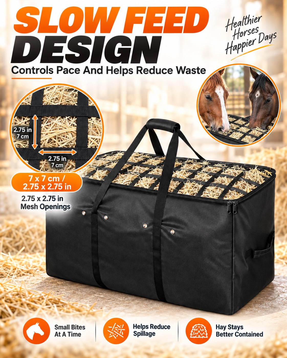 Borsa Fieno per Cavalli Mangiatoia Slow Feed Rete Grande capacità Resistente Sospesa Portatile Carico Superiore Cinghie Regolabili Ganci Capre Asini Stalla Rimorchio Fattoria,Nero,3pcs