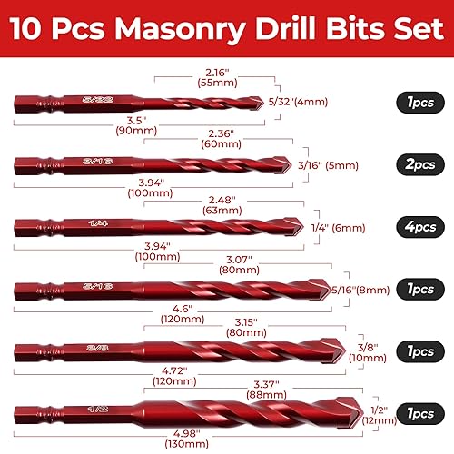 Miniatura 5 de Brocas de mampostería  Paquete de 10 vástagos hexagonales de 532 a 12 pulgadas para azulejos, ladrillos, hormigón y piedra, estuche de