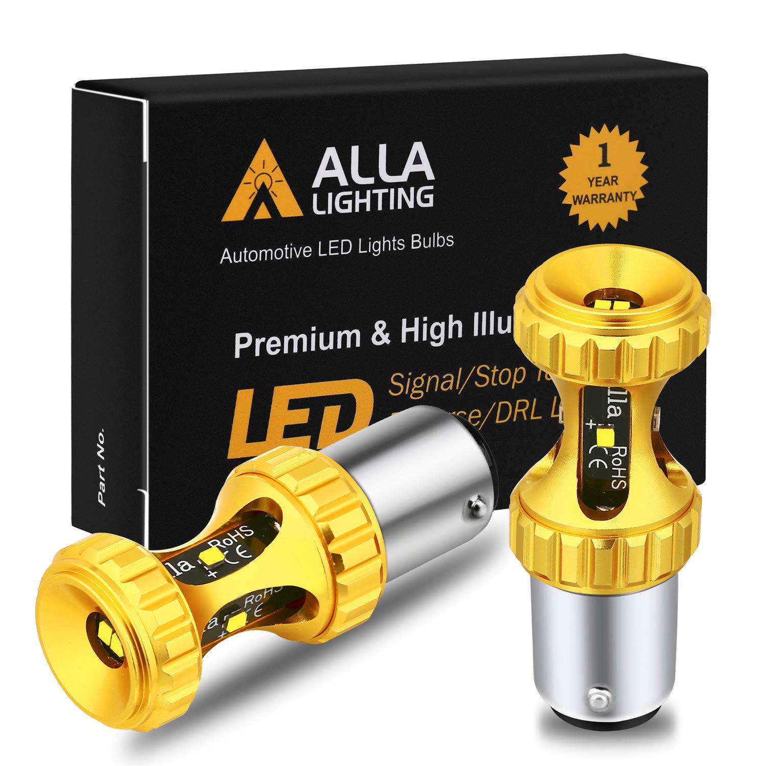 Alla Lighting 1157 7528 LED Bulbs 3000lm Extreme Super Bright Car Signal Reverse Stop Brake Tail Lights DRL BAY15D 2357 3496 2057, Amber Yellow
