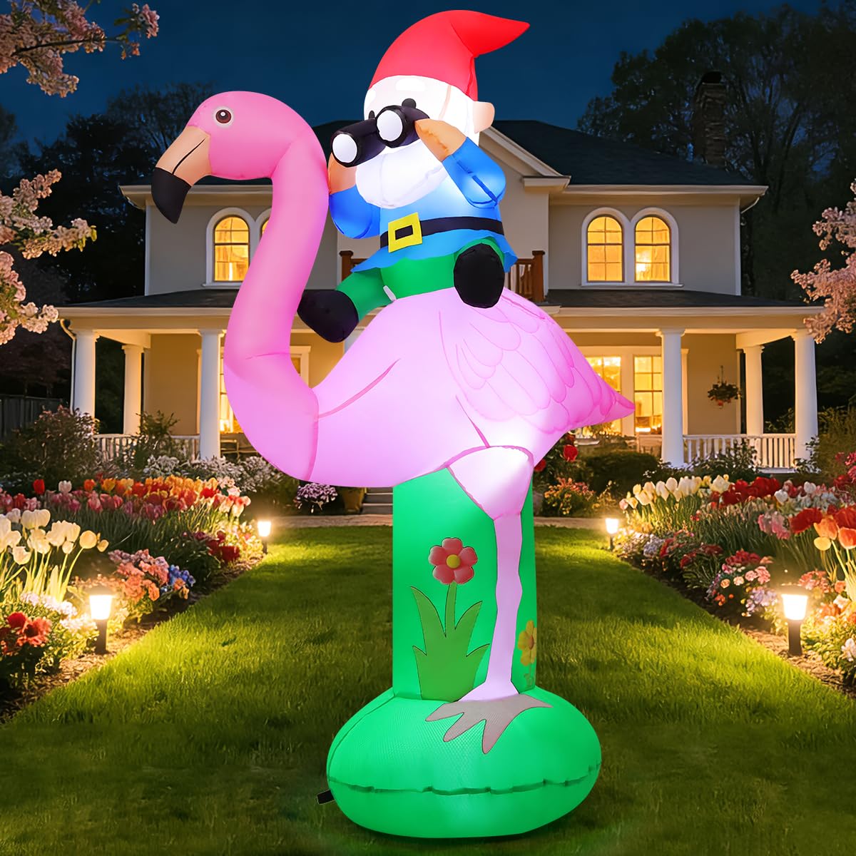 GOOSH 6 FT Summer Inflatable Flamingo Outdoor Decoration Blow Up Yard with Gnomes Built-in LEDs for Indoor Hawaiian Party Garden Lawn Decor
