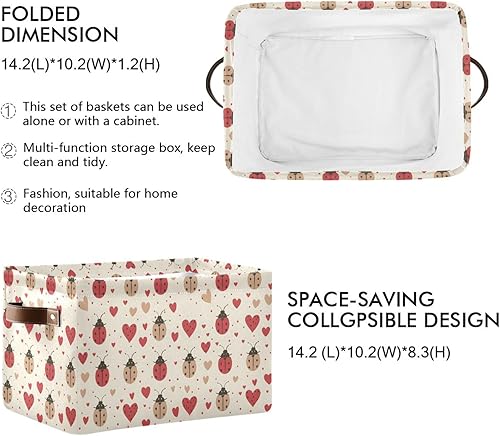Miniatura 3 de Red Ladybug Heart Pattern closet bins durable canvas with Handles, extra large storage bins, cajas organizadoras, basket with handle 14.2x10.2x8.3 IN