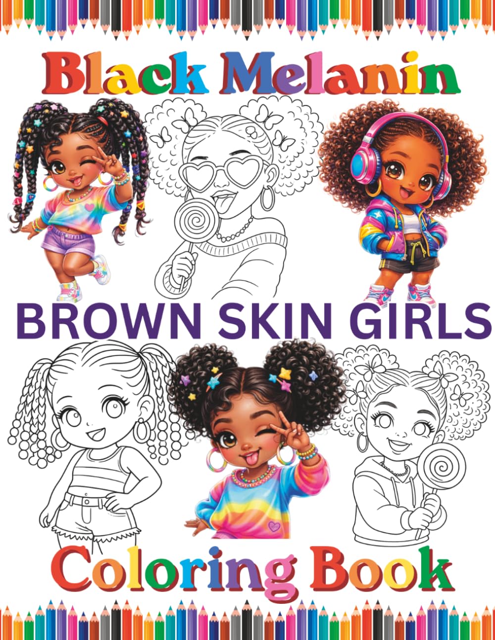 Black Melanin Brown Skin Girls Coloring Book: African American girls easy to color black girly gals. (Black Melanin Coloring Books)