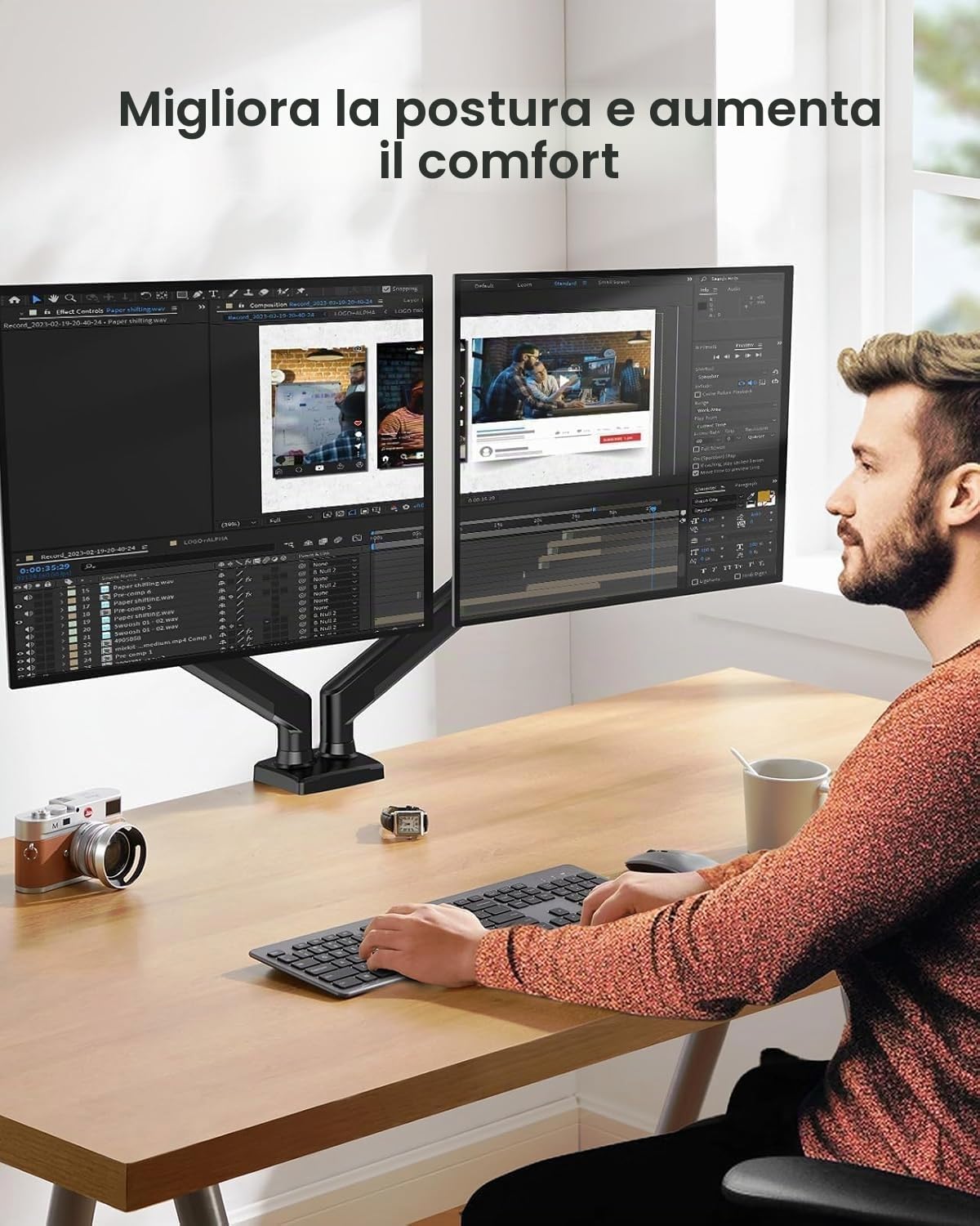Ergear - Supporto doppio monitor fino a 32 pollici, carico massimo di 22 libbre per braccio, supporto doppio monitor regolabile, supporto per monitor in acciaio resistente con VESA stabile 100 x 100