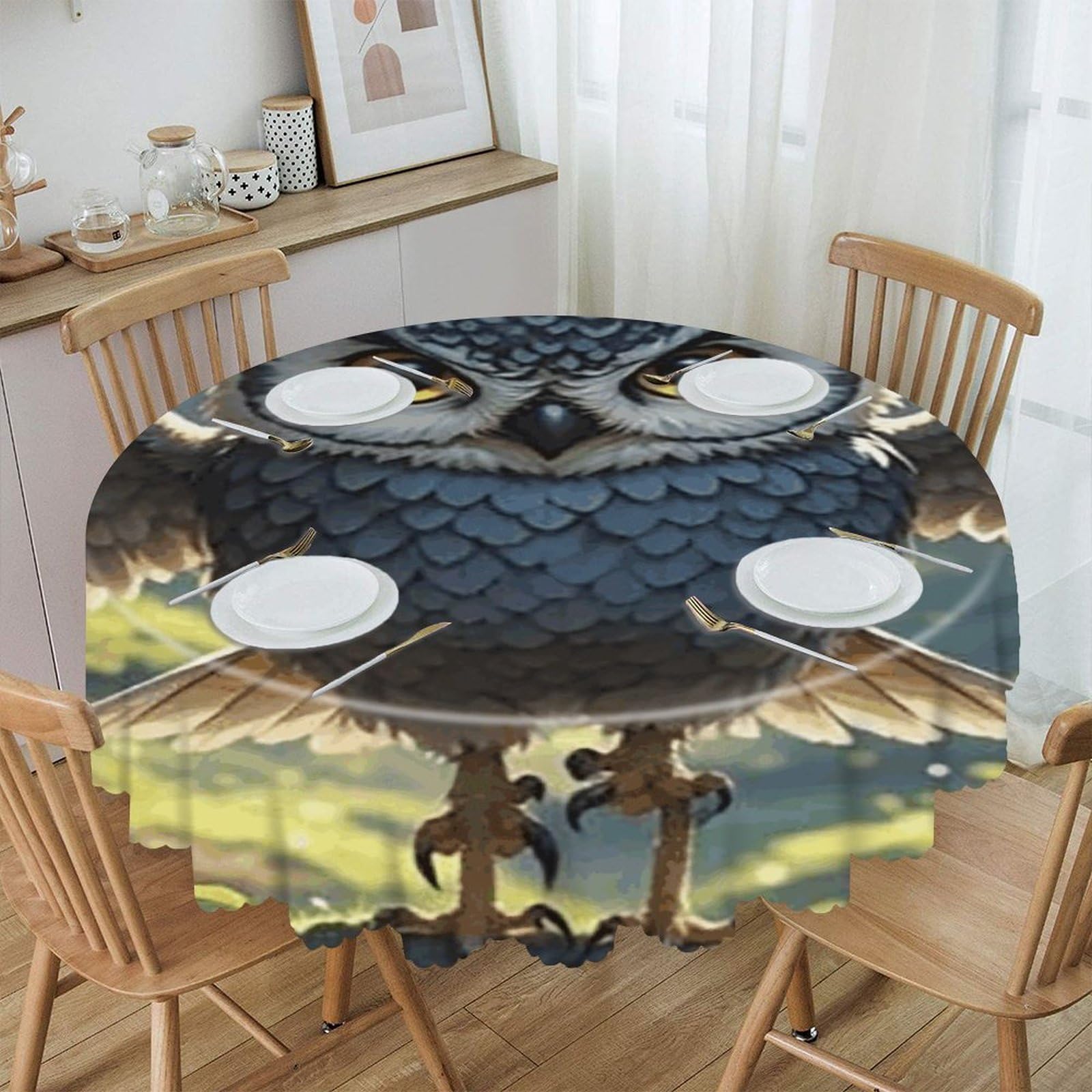 FekiLoot Anime Owl Round Tablecloths 60 Inch Resistant Washable Polyester Table Cloth Style Decorative Circle Fabric Table Cover for Dining Kitchen Party Farmhouse Outdoor