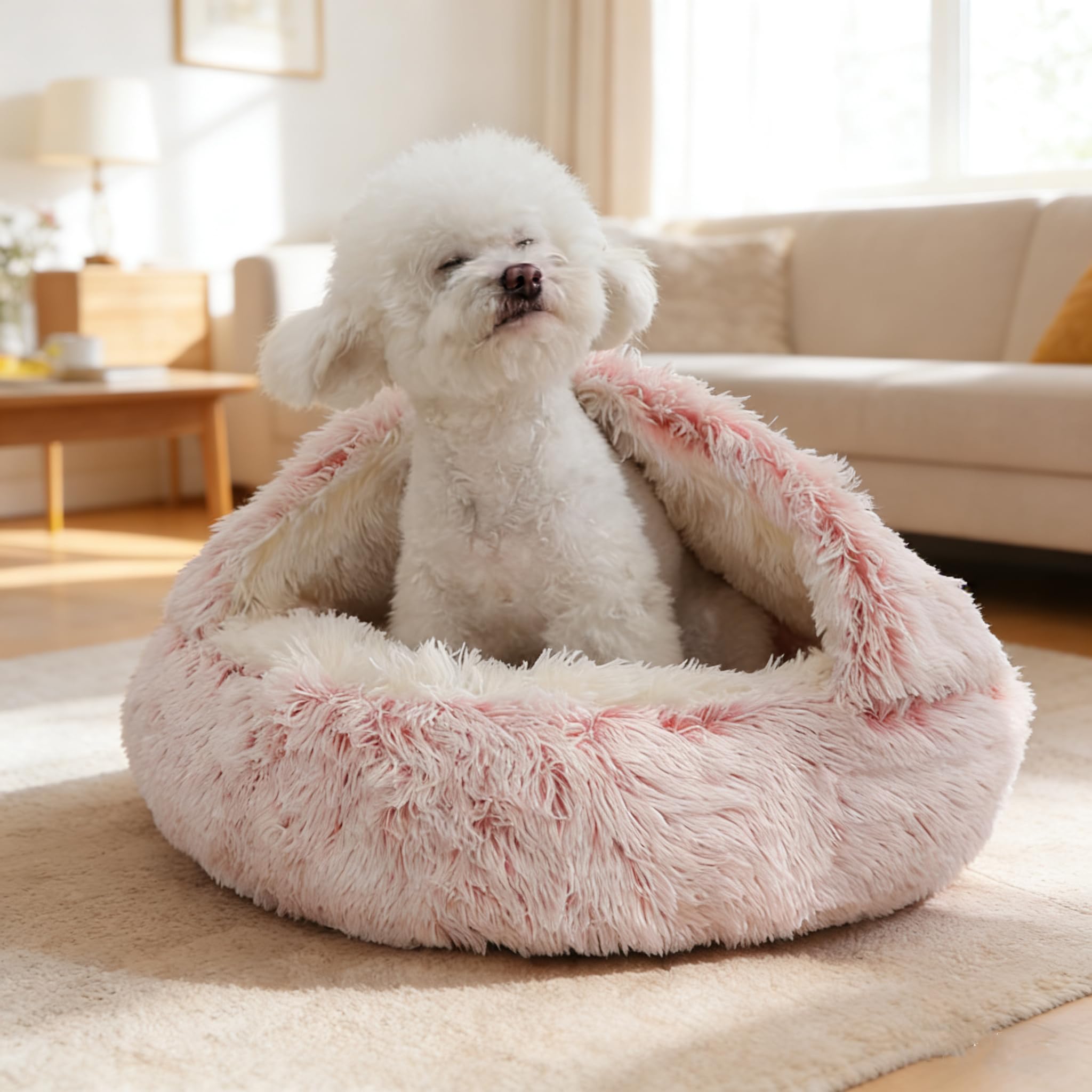 Cat Bed Plush Fluffy Hooded Cat Bed Cave, 2-in-1 Cozy for Indoor Cats or Small Dog beds with Cover, Doughnut Dog Bed, Machine Washable (Pink, 50CM)
