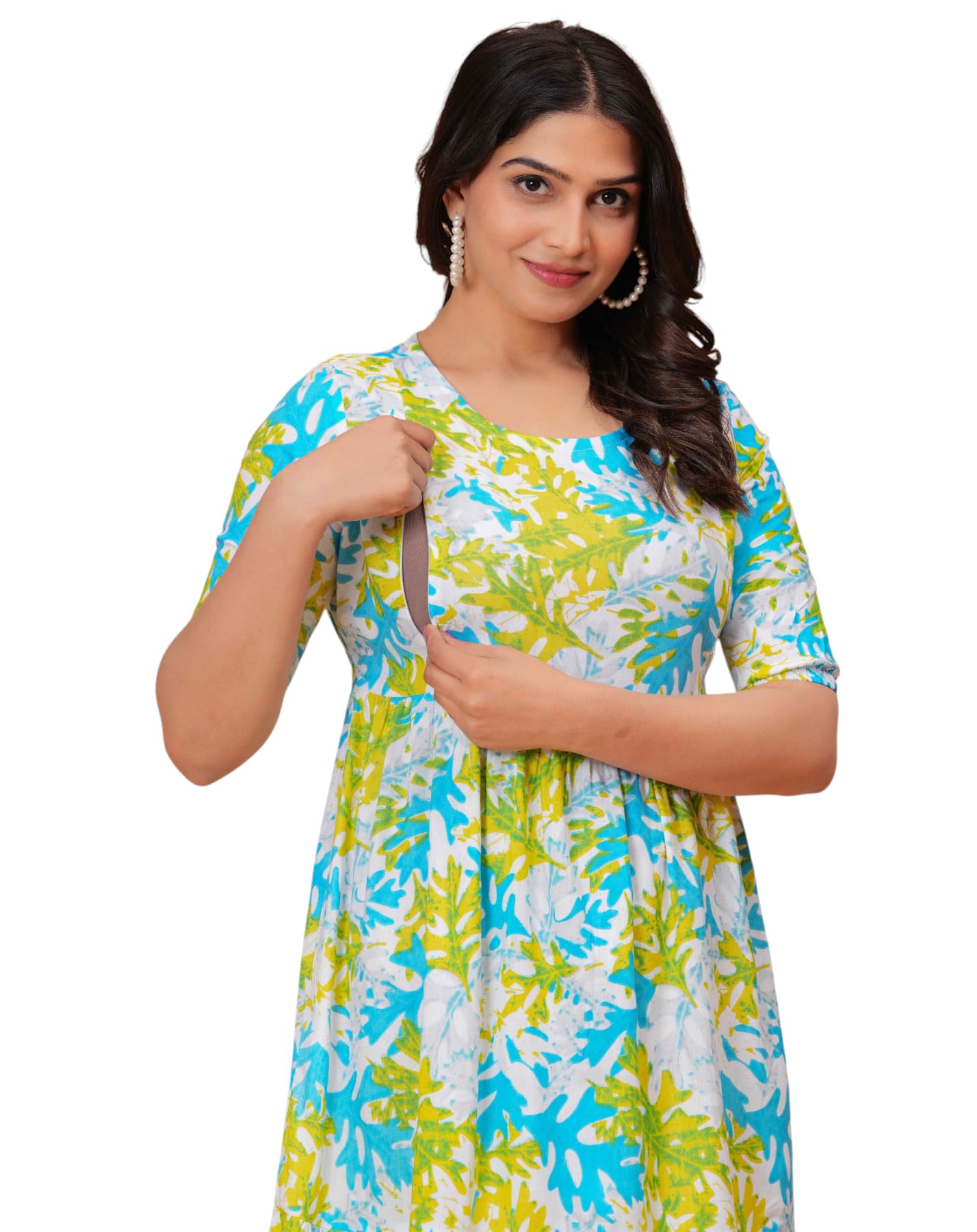 jikonet Women's Cotton Printed Maternity Feeding Kurti with Hidden Zip Baby Shower Gown Pregnancy Dresses-picture-40