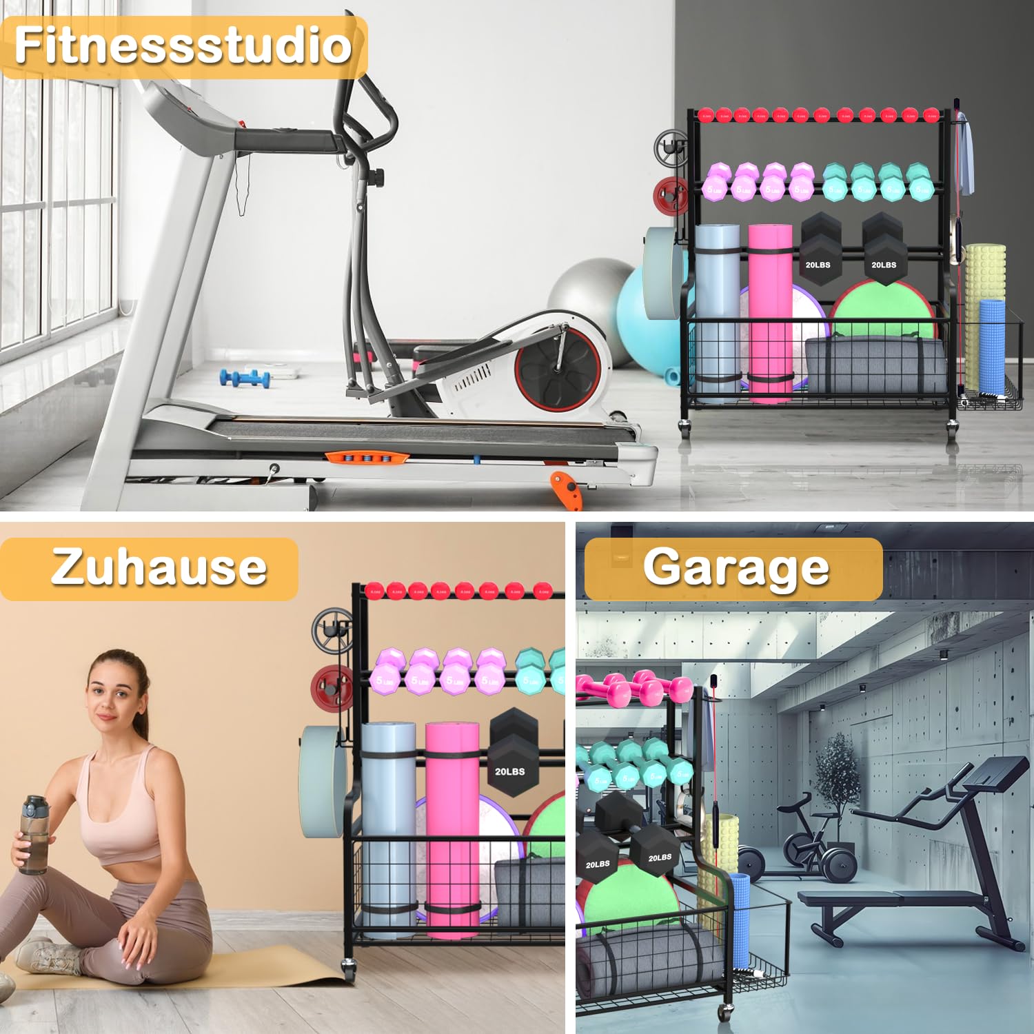 Stojak na hantle – bardzo stabilny stojak na ciężarki do domu i studia fitness – regał z rolkami i haczykami – uchwyt na hantle, hantle kulowe, bloki do jogi + mata – organizer fitness