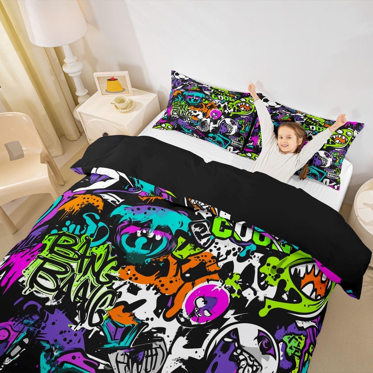 Feelyou Hip Hop Hipster Comforter Cover Set Kids Boys Hippie Graffiti Pattern Duvet Cover Street Culture Bedding Set Watercolor Art Bedspread Cover with 1 Pillowcase 2Pcs Twin Size…