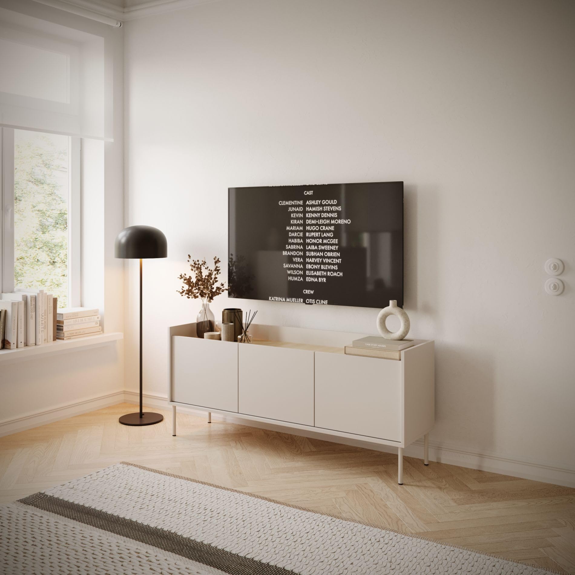 Selsey Meuble TV 140 cm Design Moderne Chic en Taupe Finitions Mat Panneau de Particules Laminé Robuste Pieds Métalliques Espace de Rangement Conçu en Pologne
