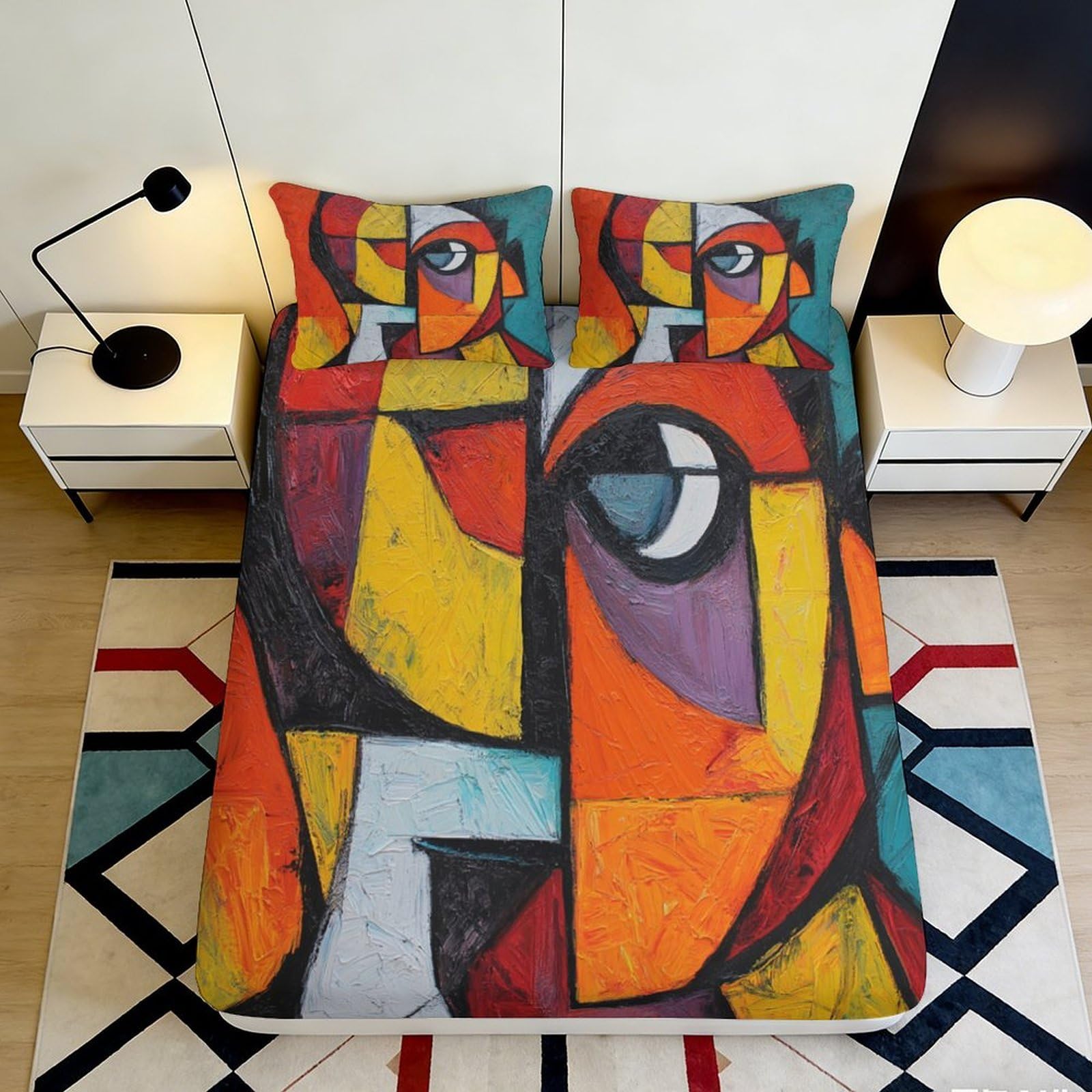 3D Printed Abstract Cubism Fitted Sheet Microfiber Soft Breathable Geometric Mattress Cover for Bedroom Dormitory Guest Room Protection Decoration 140x200x25cm