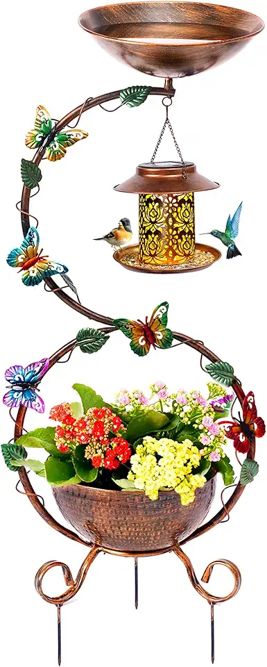 37.8" Bird Bath and Solar Bird Feeders Combo with Flower Planter Pedestal, Metal Bird Baths for Outdoors, Decorative Birdbath with Butterfly for Outside Garden Yard, Weather Resistant