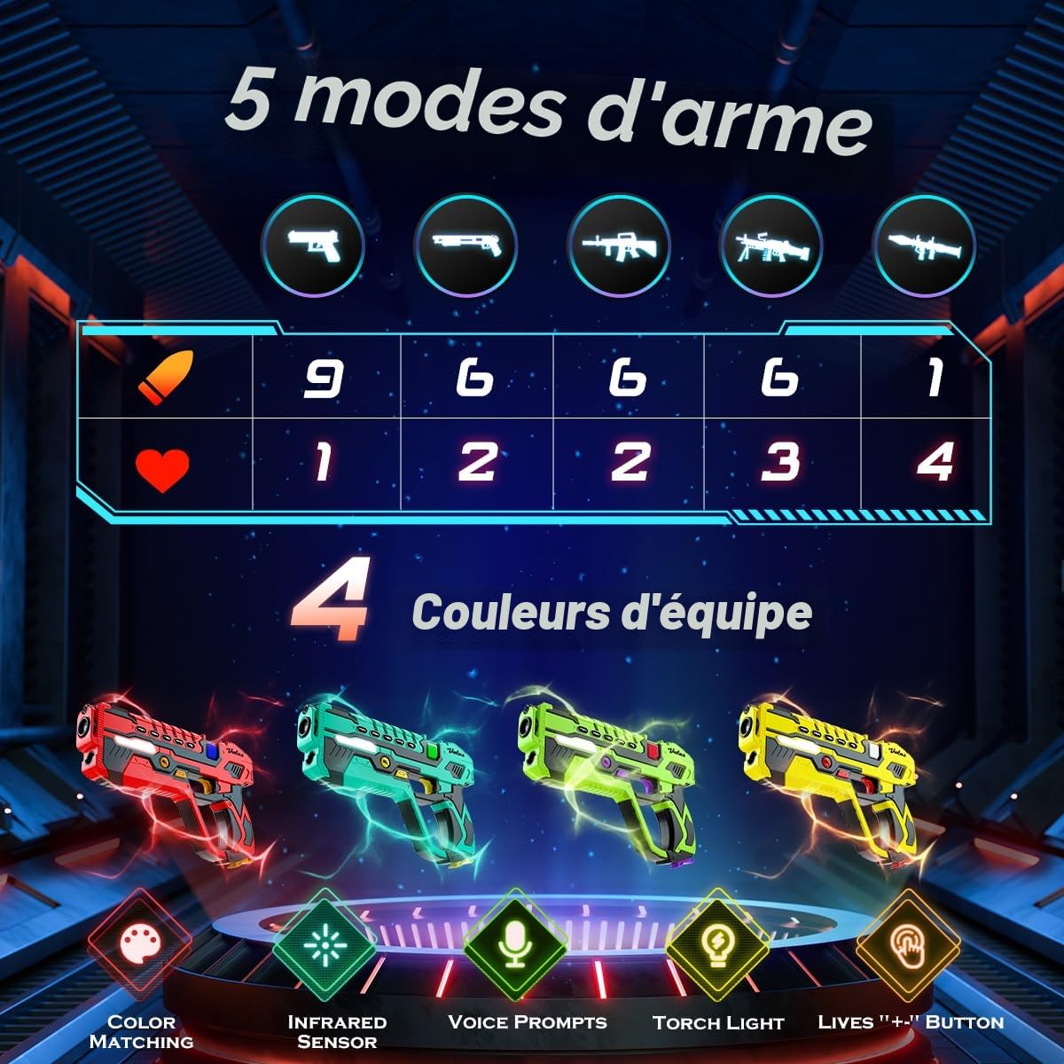 VATOS 4 Paquet Rechargeables Laser Tag - 2,4 GHz Laser Tag Pistolets avec Récepteurs & Station Charge | Pistolets Infrarouges pour Enfants Adolescents Adultes Familial Activité Extérieure Intérieure