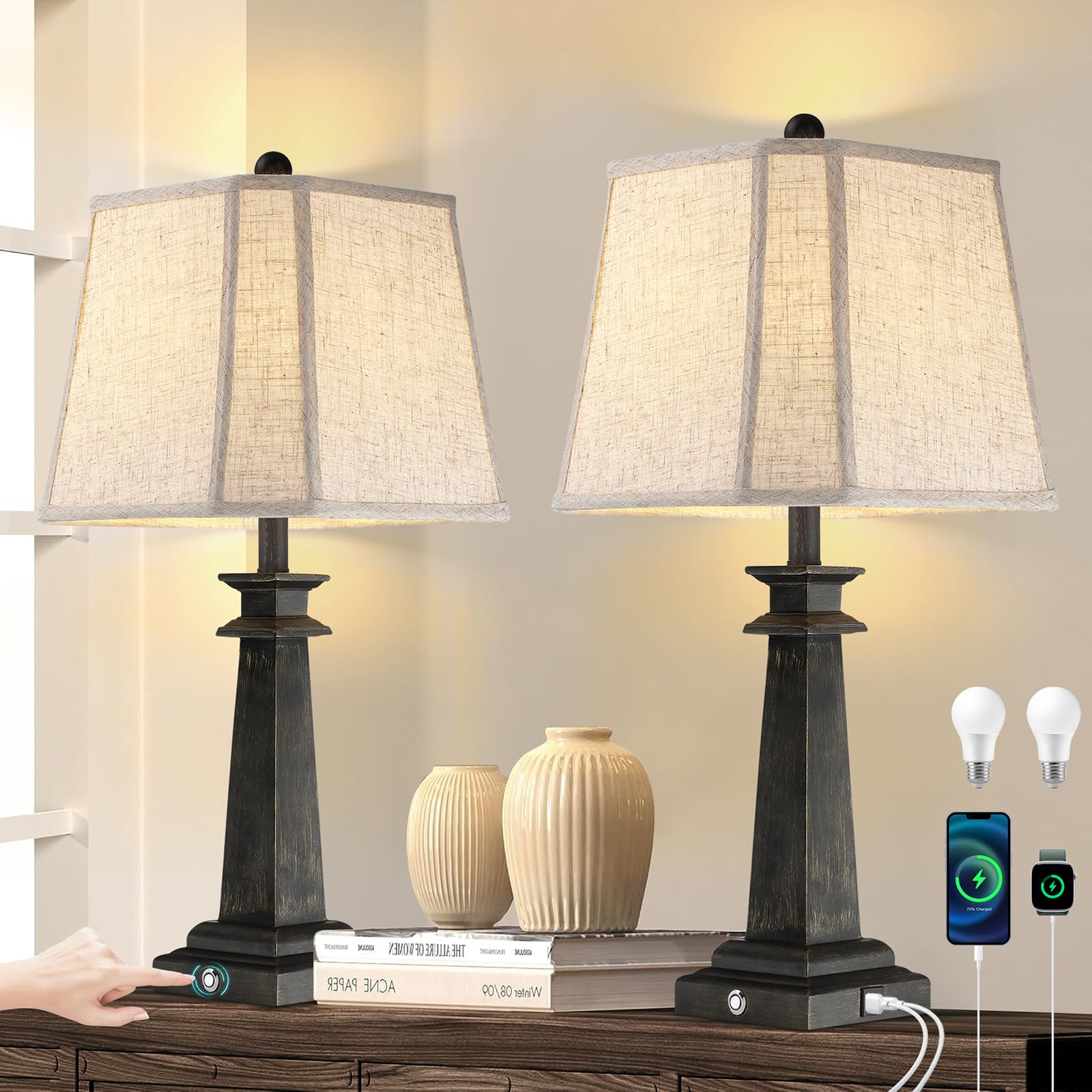 27.5" Table Lamps Set of 2, 3-Way Dimmable Touch Lamps for Nightstand, Farmhouse Table Lamp for Living Room and Bedroom with USB A+C Charging Ports, Bulbs Included (Black)