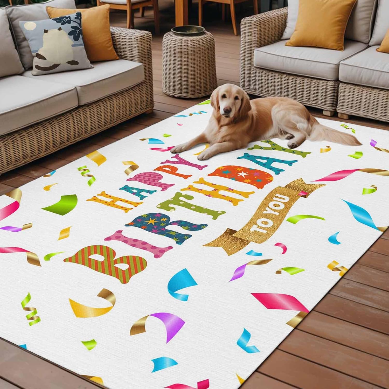 Outdoor Rug 4x6 ft Happy Birthday Outdoor Large Area Rug Non Slip Colorful Ribbon Celebration Front Door Mat RV Rug Camping Carpet Patio Outdoor Rugs for Backyard Balcony Deck Porch Indoor Outside